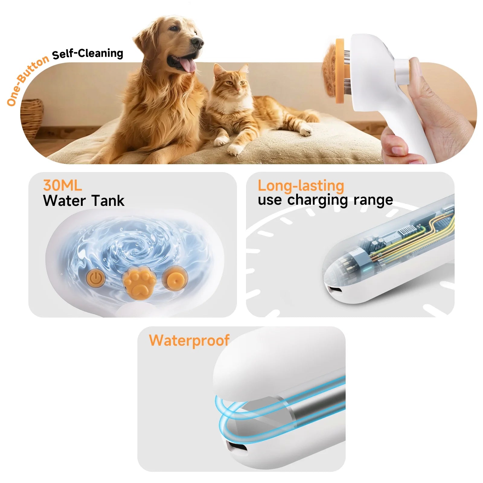 Professional Pet Steam Grooming Brush for Dogs and Cats - 3-in-1 Shedding and Hair Removal Tool with Self-Cleaning Spray Comb and Mist for Long-Haired Pets - Includes Waterless Shampoo