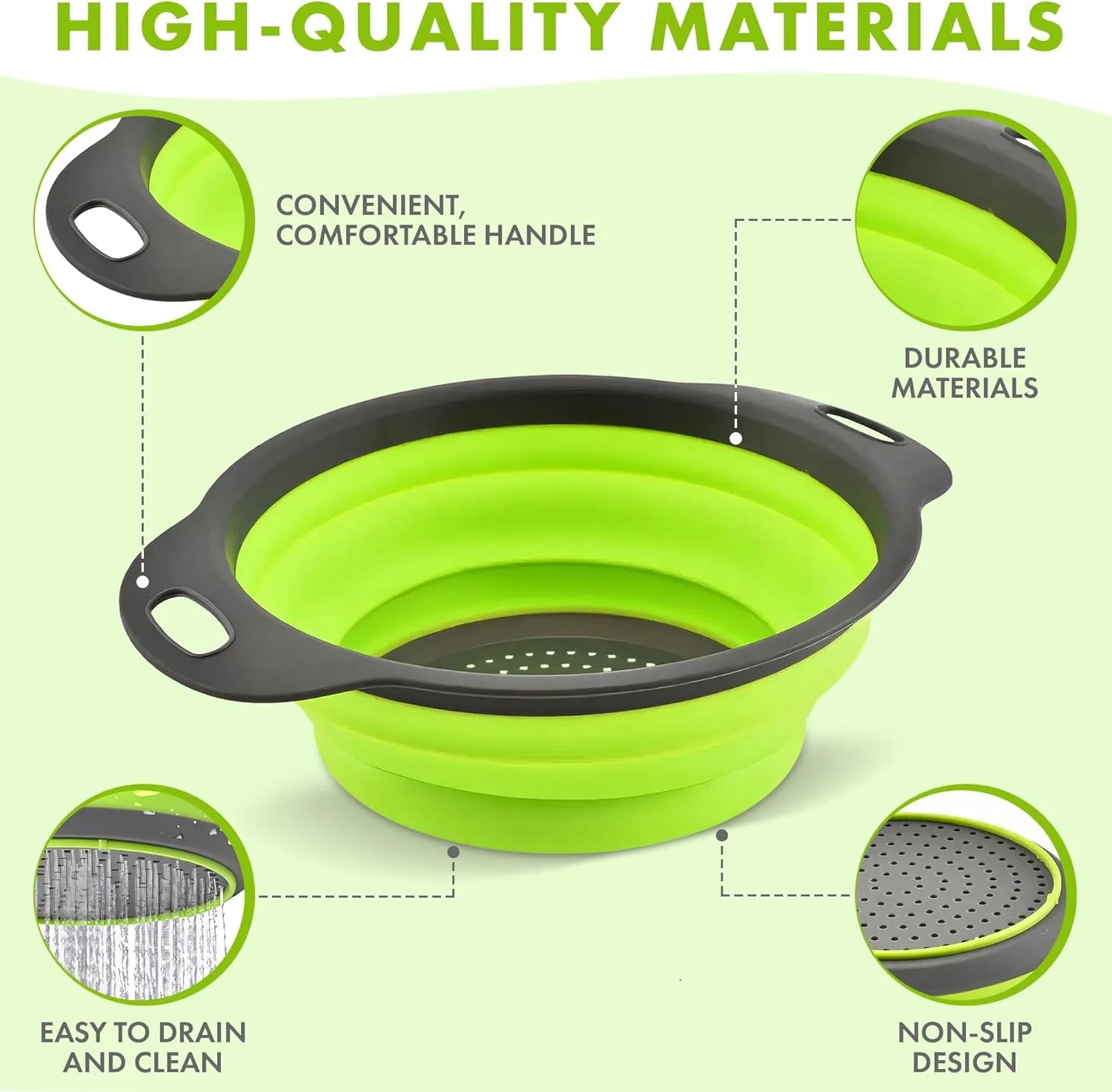 Collapsible Silicone Colander Set - 3-Piece Round Kitchen Strainer Set (2 x 4 Quart, 1 x 2 Quart) - Ideal for Draining Pasta, Vegetables, and Fruits (Green, Blue, Purple)