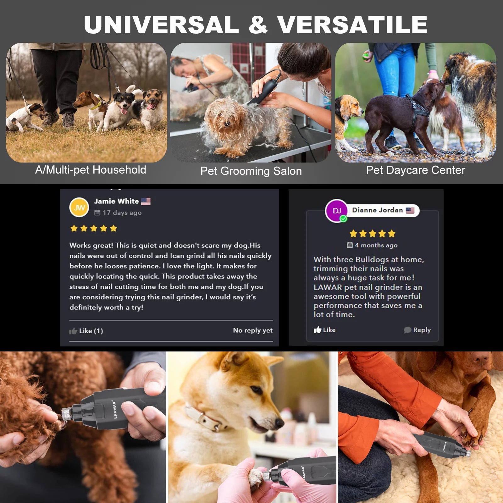 6-Speed Rechargeable Dog Nail Grinder with LED Lights - Quiet and Safe Nail Trimming Tool for Painless Grooming of Large, Medium, and Small Dogs