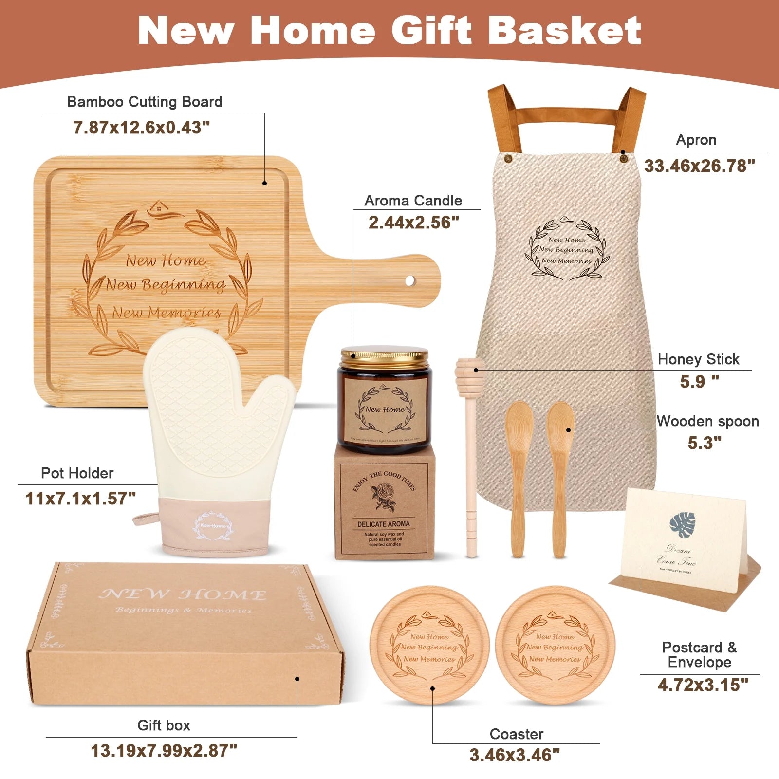 11 Pcs Housewarming Gifts Basket with Apron, Gloves, Serving Board, Beige