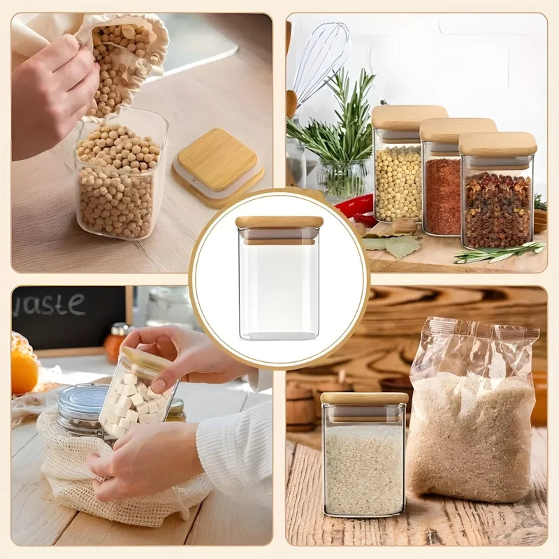 12 Square Glass Spice Jars with Natural Bamboo Lids - Sealed Herb Containers with Pre-Printed Waterproof Minimalist Spice Labels - Suitable for Empty Small Seasoning Jars in Kitchen Food Pantries.