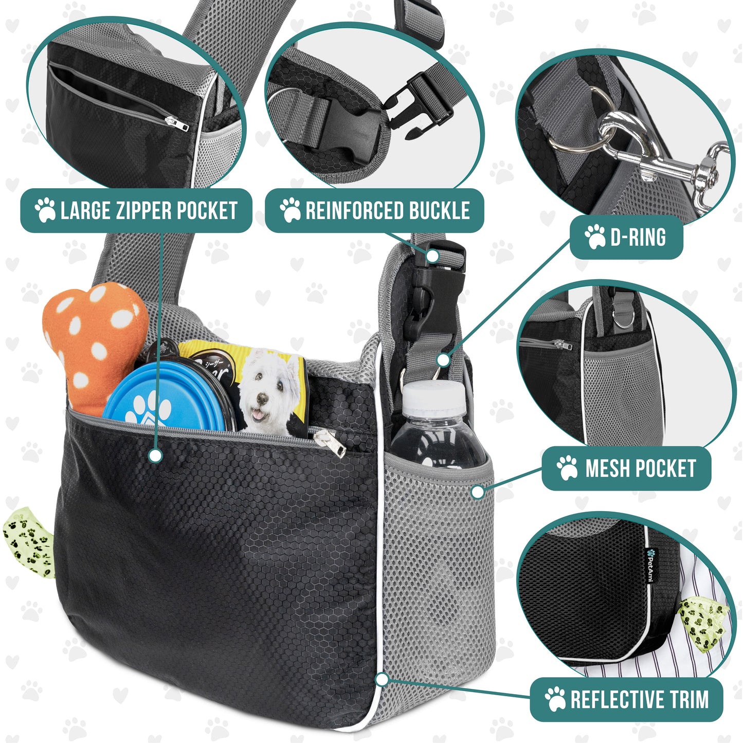 Small Dog Sling Carrier - Soft-Sided Crossbody Pet Pouch for Medium Dogs and Cats, Adjustable Travel Bag with Poop Bag Dispenser, Breathable Design, Black