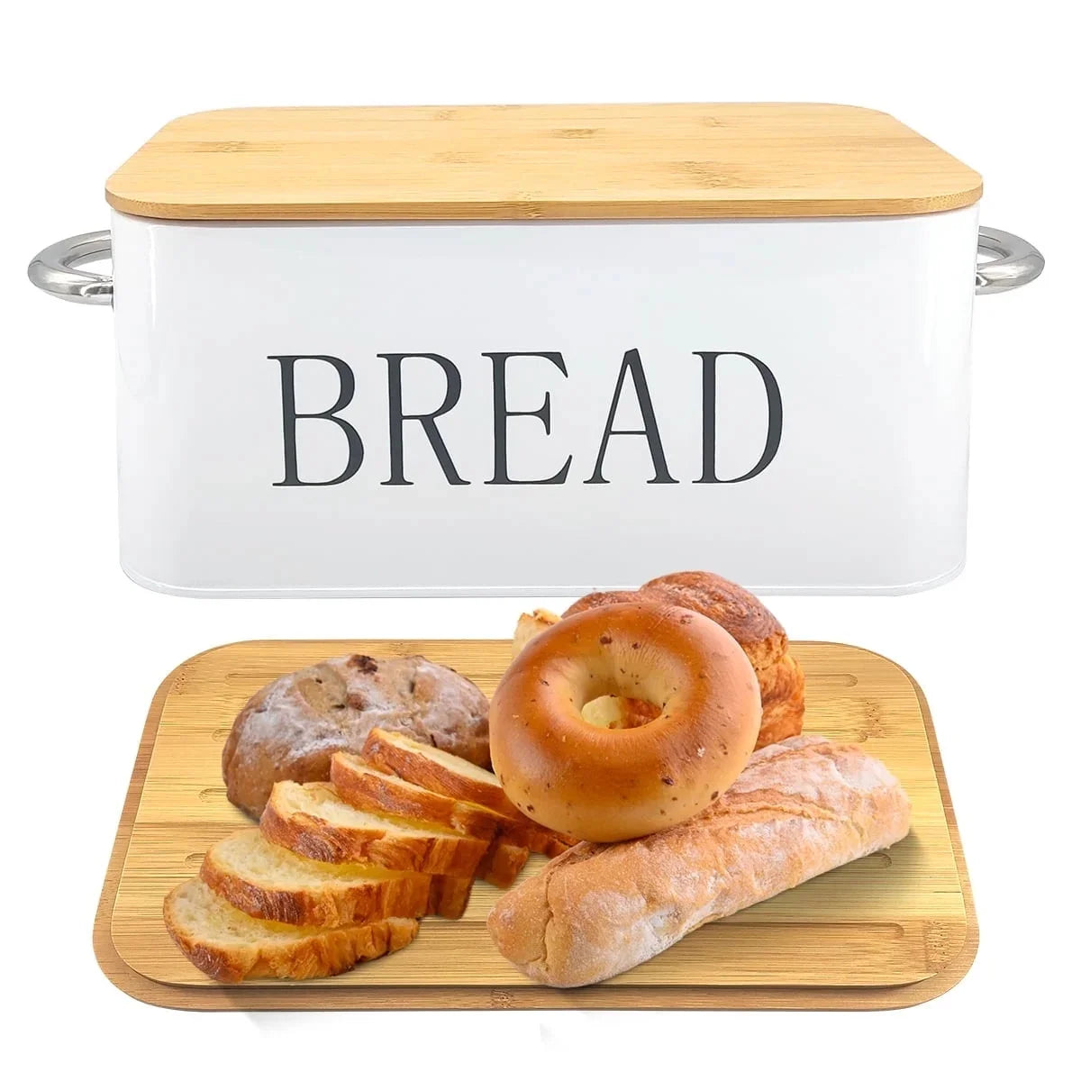 Large Bread Box, Bread Box Storage with Cutting Board Lid for Kitchen Counters Metal White