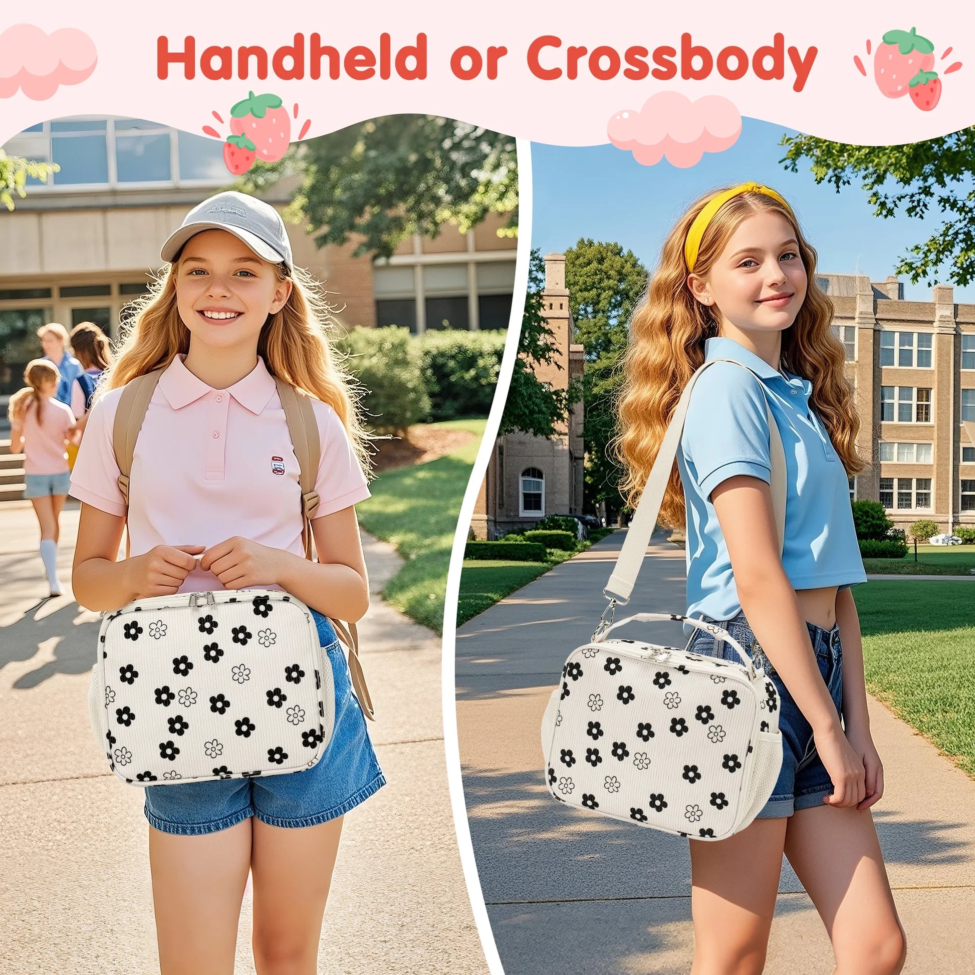 Black & White Floral Corduroy Lunch Bag - Handheld or Shoulder Carry Insulated Lunch Box