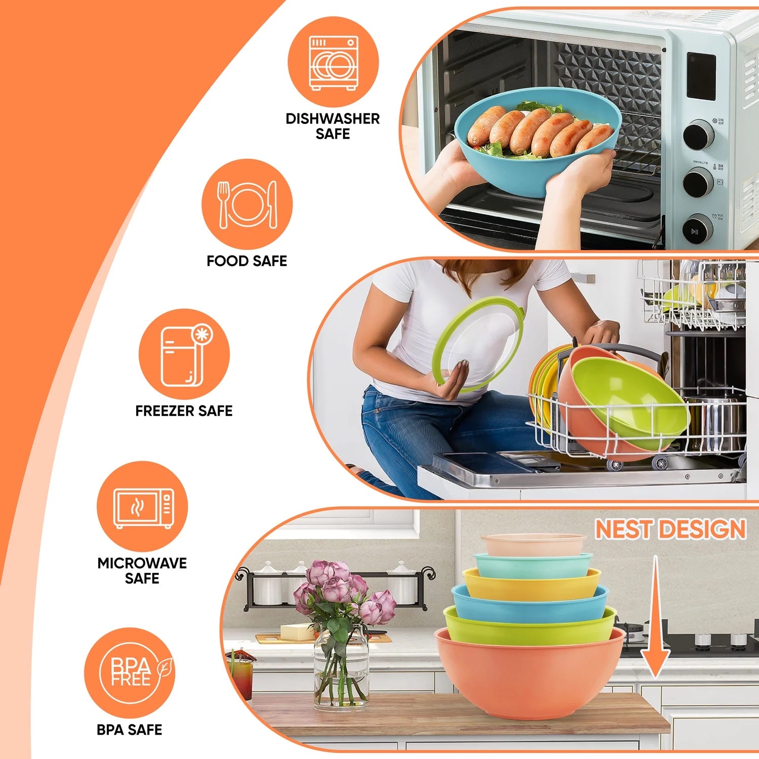 6Pcs Mixing Bowl Set with Lids, Plastic Nesting Bowls for Mixing, Storage, Kitchen Prepping, Serving Food, Microwave & Dishwasher Safe - Multi-Color