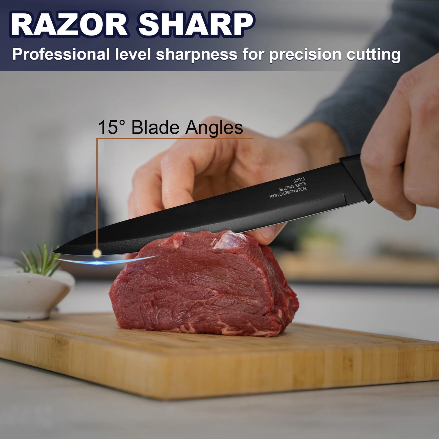 15-Piece High Carbon Stainless Steel Kitchen Knife Set with Self-Sharpening Block - Black