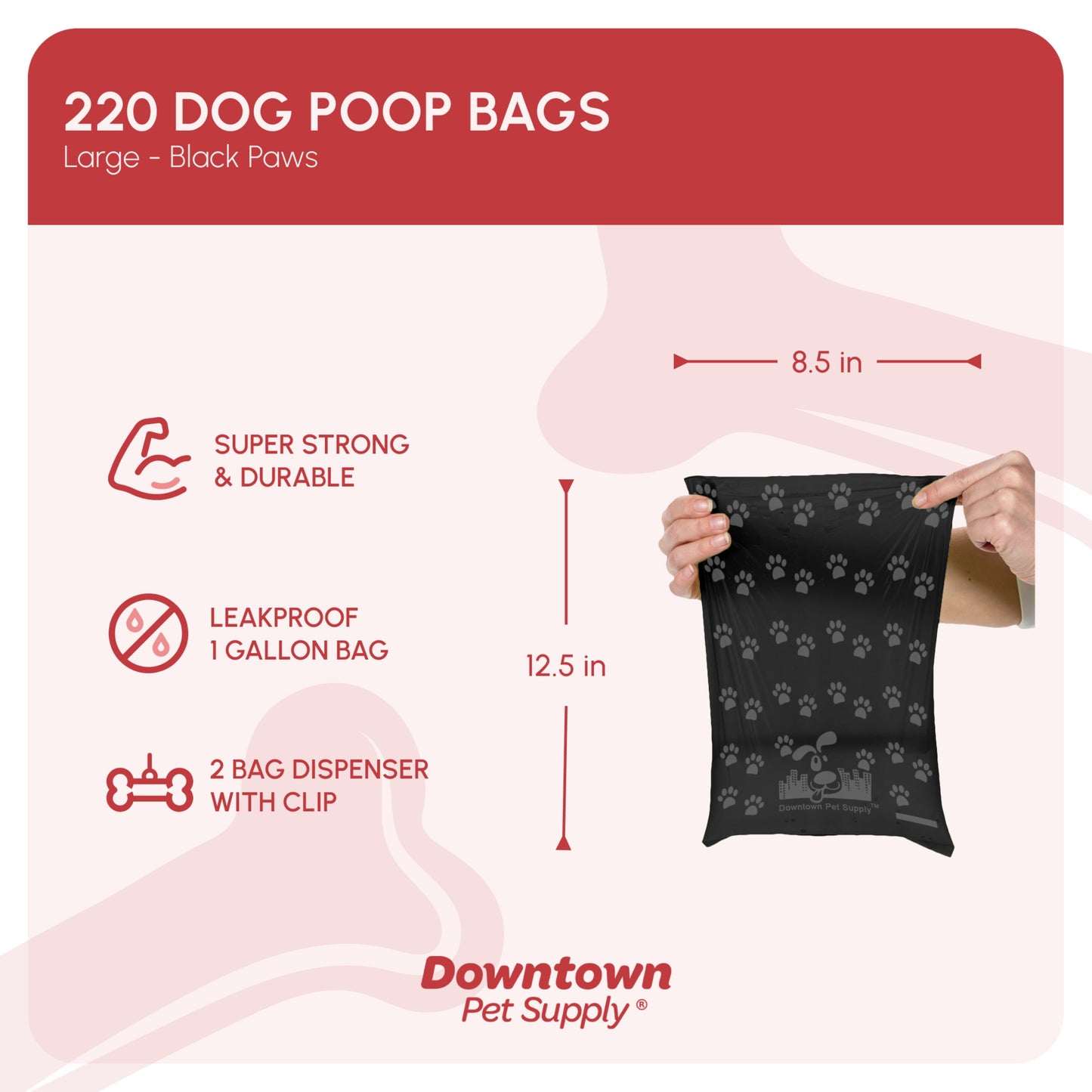 Dog Waste Bags with Complimentary Holder, Black Paw Print Design, 220 Count