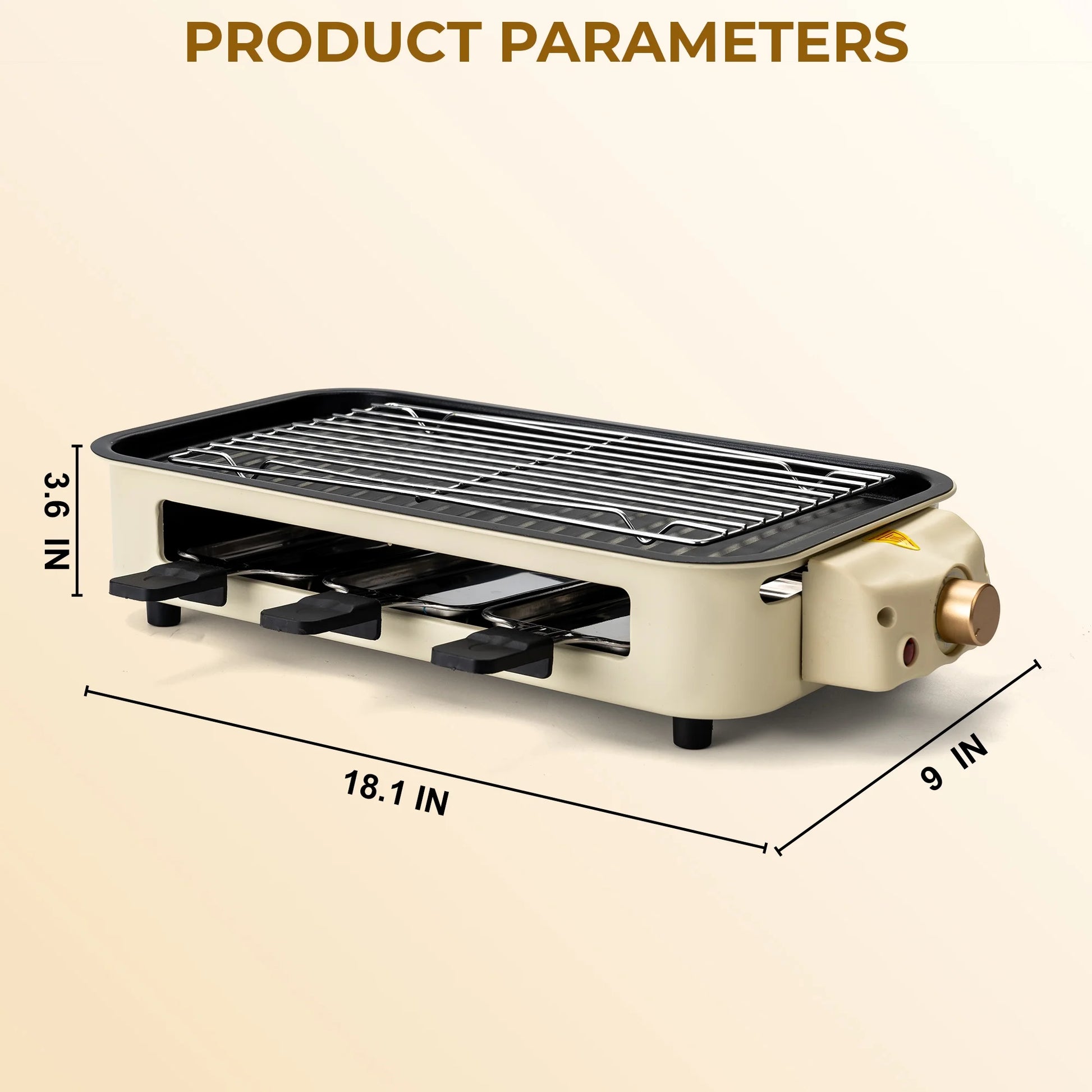 1500W Indoor Electric Smokeless Grill with Non-Stick Surface and 3 Mini Raclette Pans - Perfect for Grilling, Roasting, and Frying, Easy to Clean (Beige)