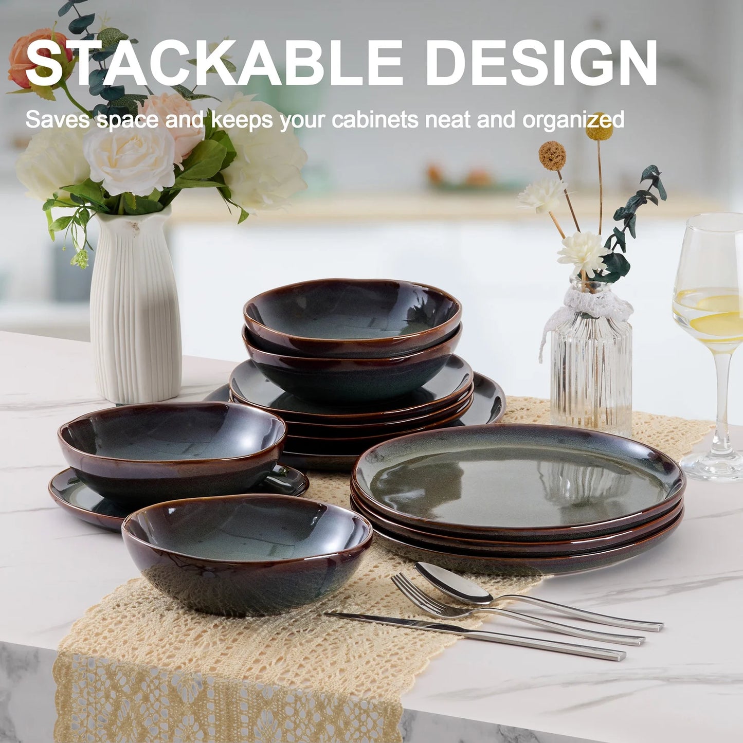 Dinnerware Set for 4, 12 Pieces Premium Stoneware Plates and Bowls Set, Handmade Reactive Glaze Dishes for Home, Chip & Scratch Resistant, Microwave and Dishwasher Safe - Forest Green