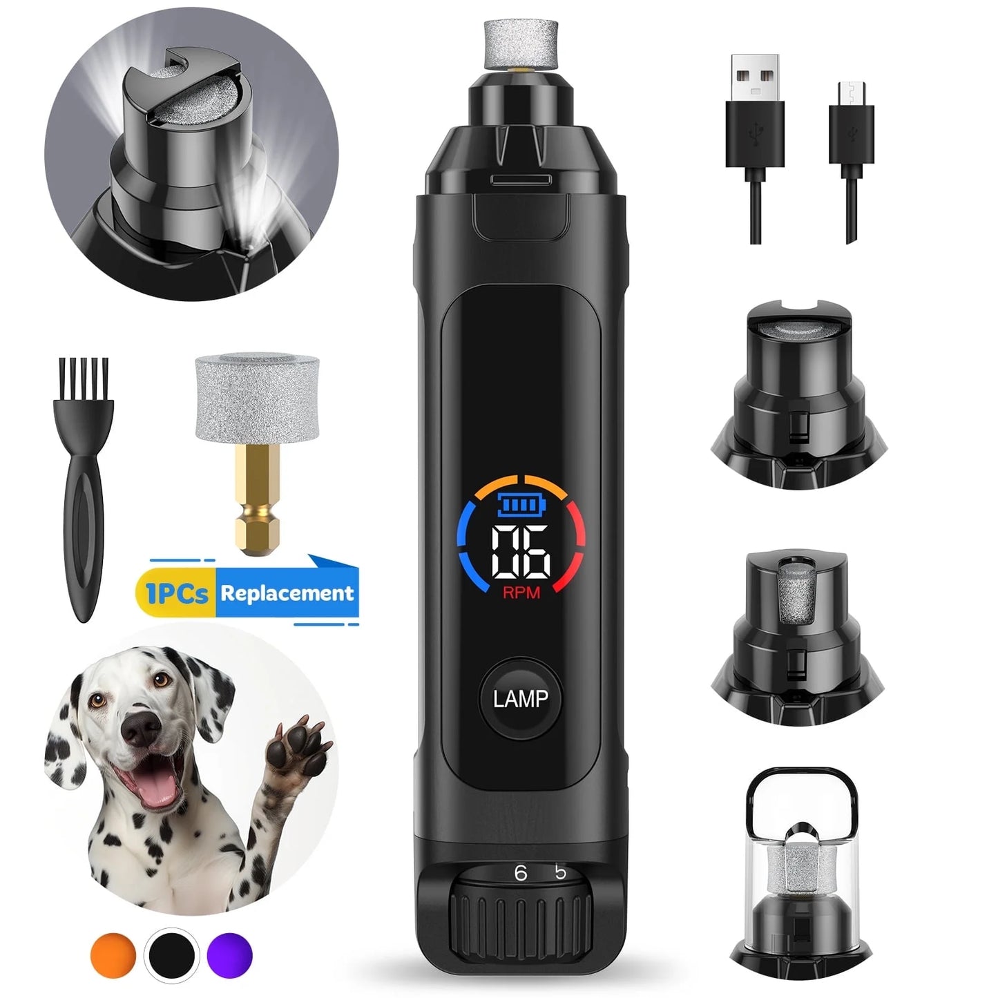 6-Speed Rechargeable Dog Nail Grinder with LED Lights - Quiet and Safe Nail Trimming Tool for Painless Grooming of Large, Medium, and Small Dogs
