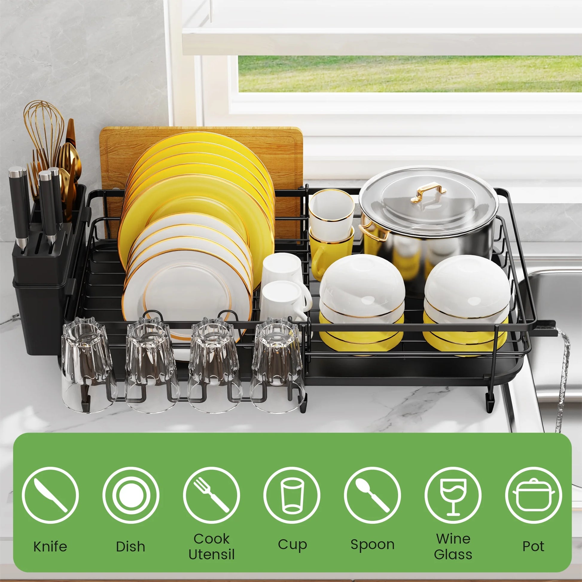 Retractable Dish Drying Rack for Kitchen Countertop, Compact Dish Rack with Drainboard Tray, Cutting Board/Utensil Holder,Black