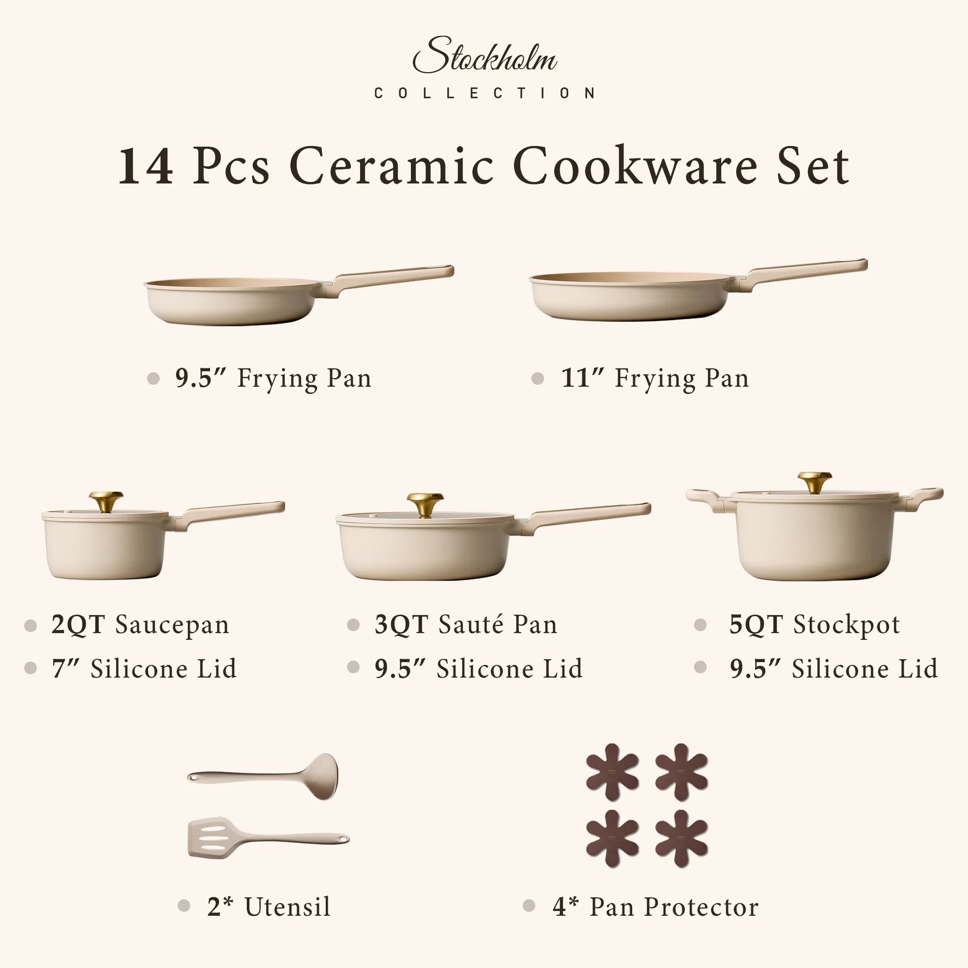 14-Piece Ceramic Nonstick Cookware Set with Utensils, Induction Compatible, Taupe