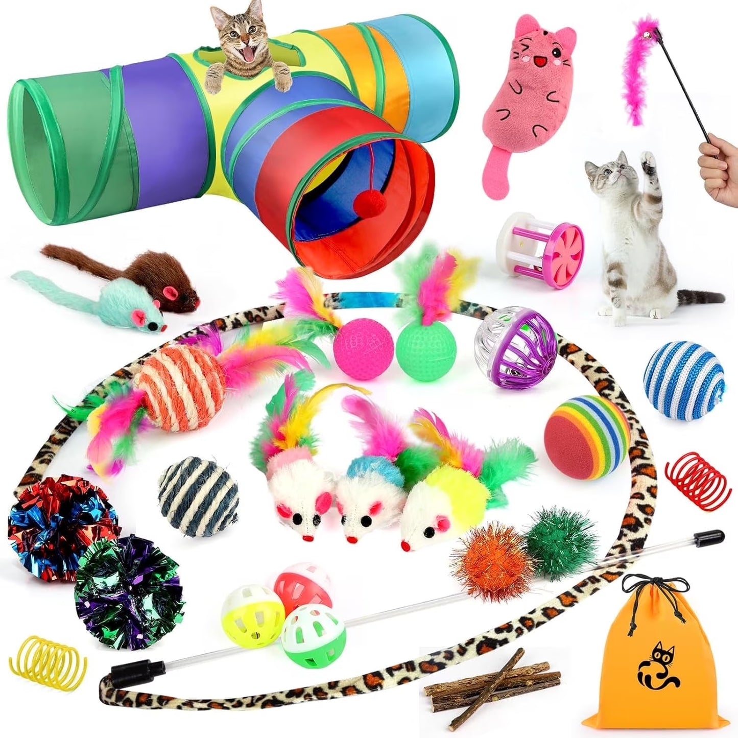 32-Piece Interactive Cat Toy Set with Catnip, Collapsible Rainbow Tunnel, Feather Teasers, Crinkle Balls, and Spring Toys for Cats and Kittens