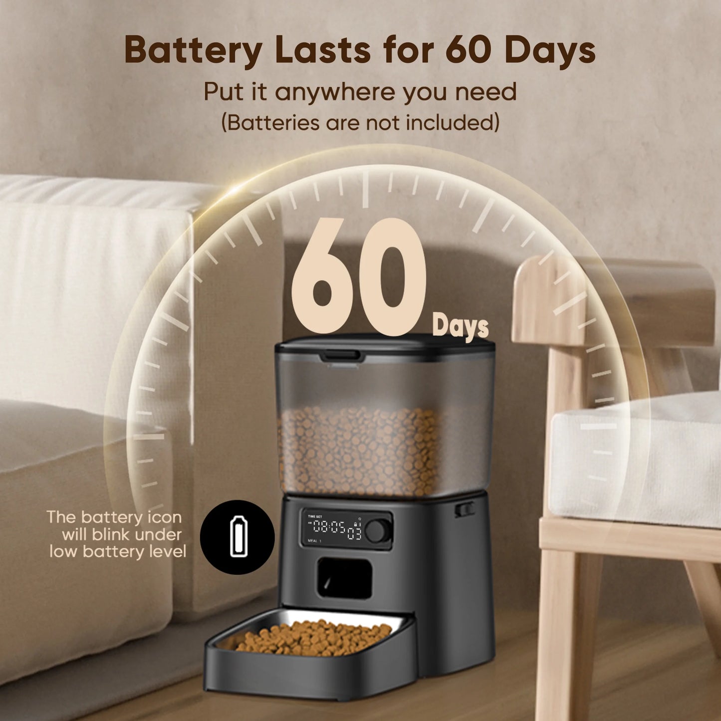 FD-01 3.5L Automatic Cat Feeder - Dual Power, Stainless Steel Bowl, Up to 36 Portions, 6 Meals Per Day, Detachable and Washable Design with Desiccant Bag - Black