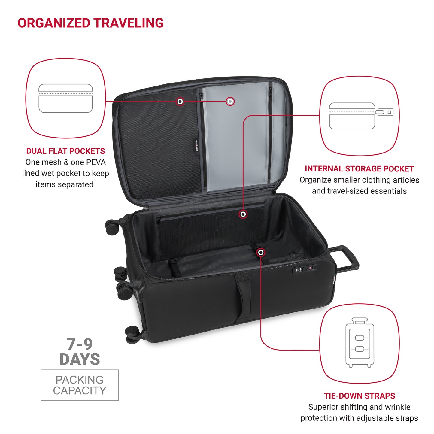 Stride Expandable Large Checked Spinner Suitcase, Black, 8-Wheel Design with Integrated TSA Lock