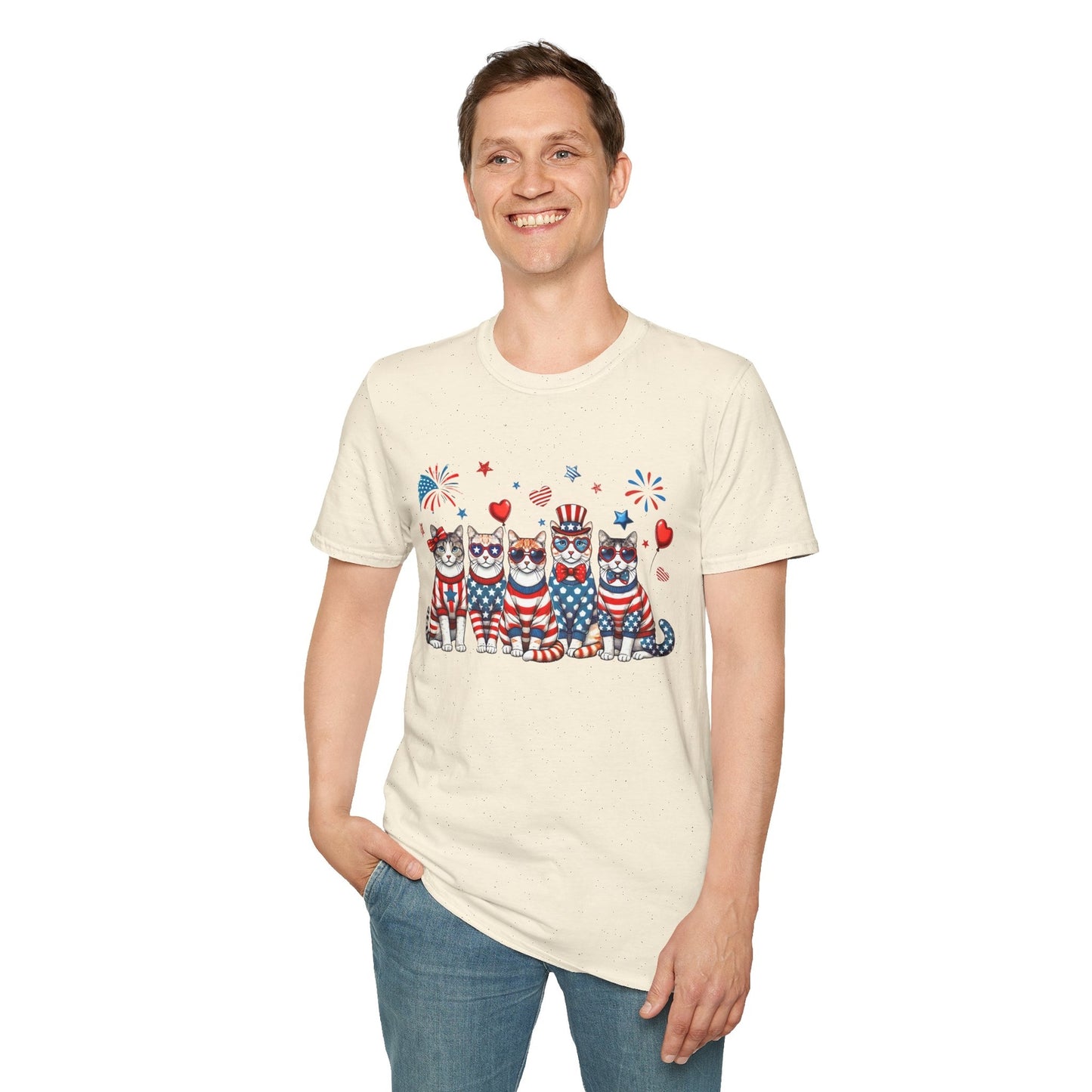 Patriotic Cat Unisex Softstyle T-Shirt for Fourth of July Celebrations