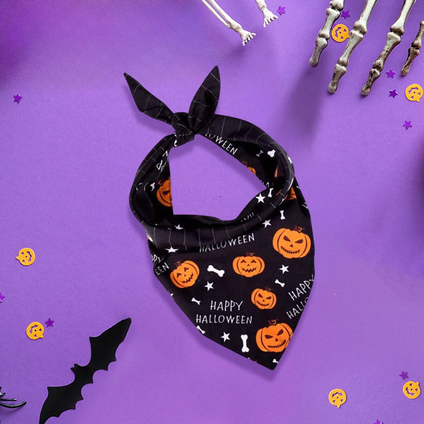 Halloween Dog Bandanas - Soft, Washable Pet Scarves Featuring Festive Pumpkin, Ghost, and Bone Designs for Small, Medium, and Large Dogs (Black, Purple)