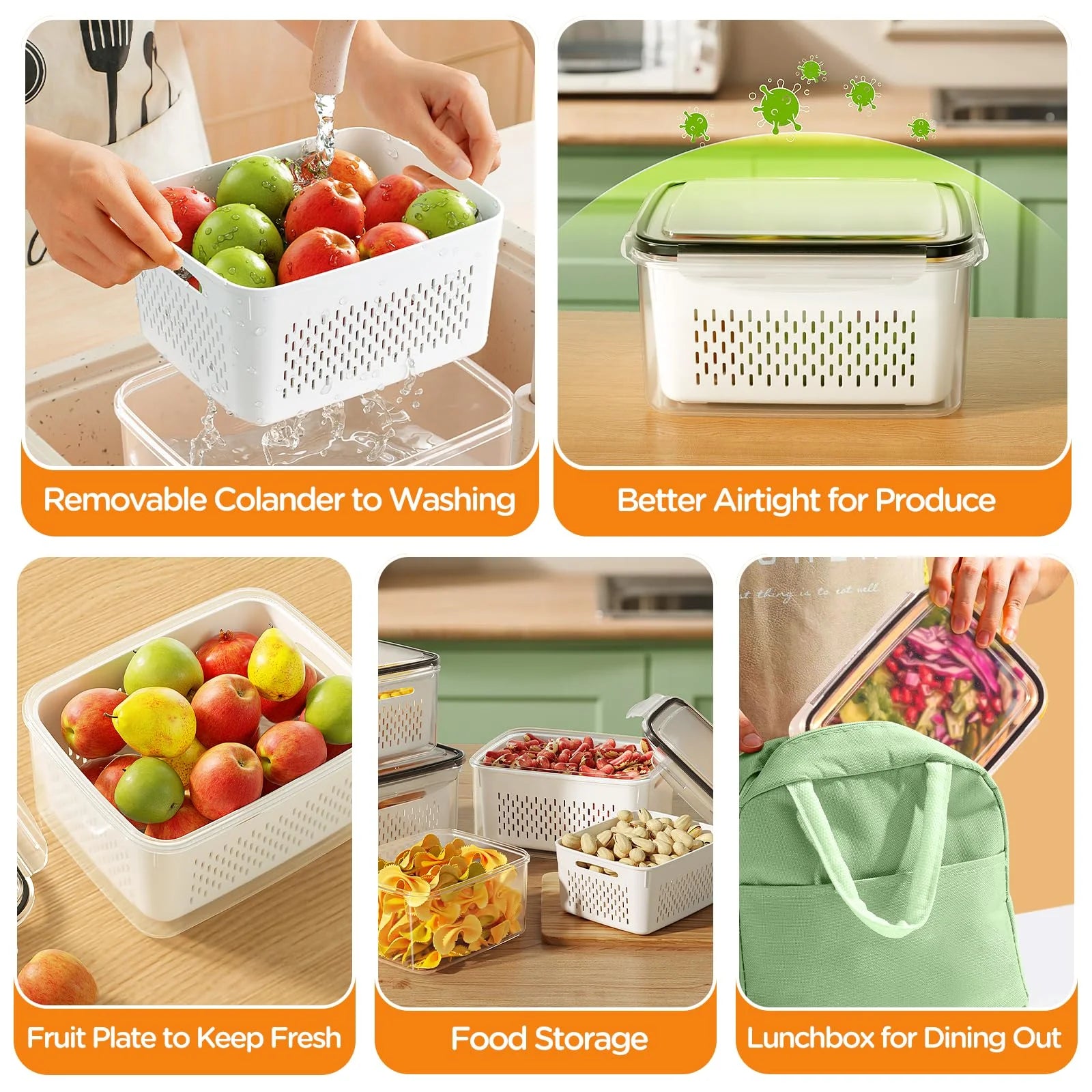 5 Pack Fruit Storage Containers for Fridge with Removable Colanders and Lids - Thumbnail 3