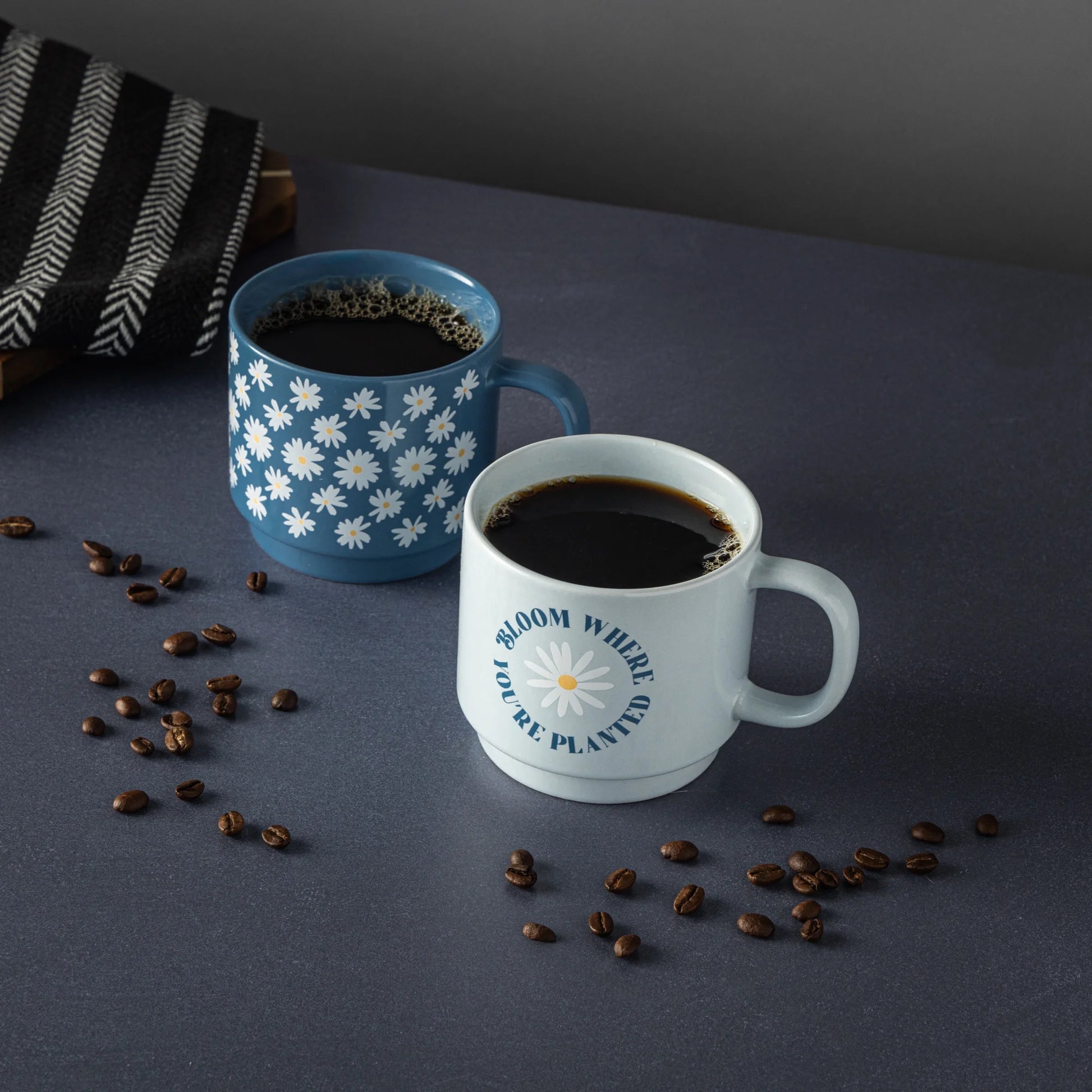 Set of 2 Stacking Stoneware Mugs - Daisy Bloom and Where Planted Designs, 14.2 Fl Oz