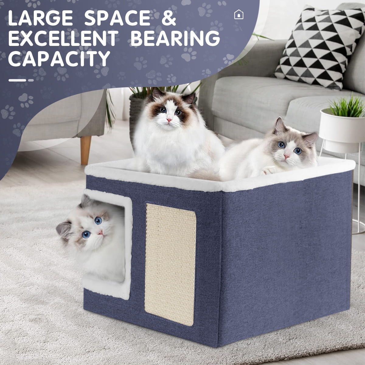Indoor Pet Bed for Cats - Foldable Covered Kennel with Scratching Board, Ideal for Small Pets, Dark Blue