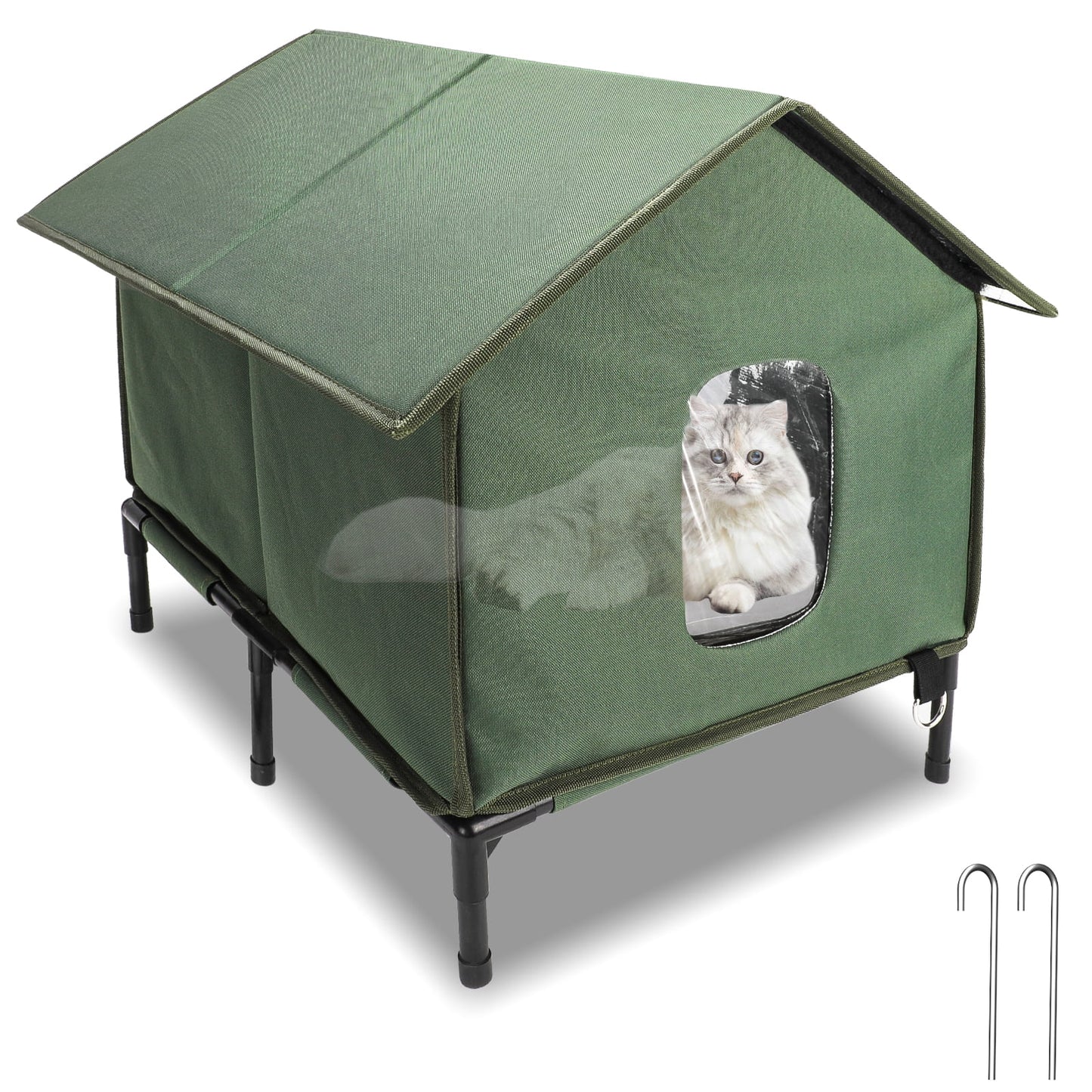 Insulated Outdoor Cat House with Escape Door - Weatherproof Shelter for Small Cats, Green