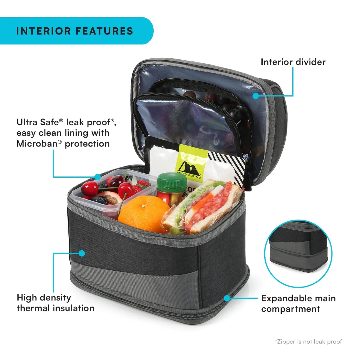 Expandable Lunch Box with Ice Pack, Black/Gray