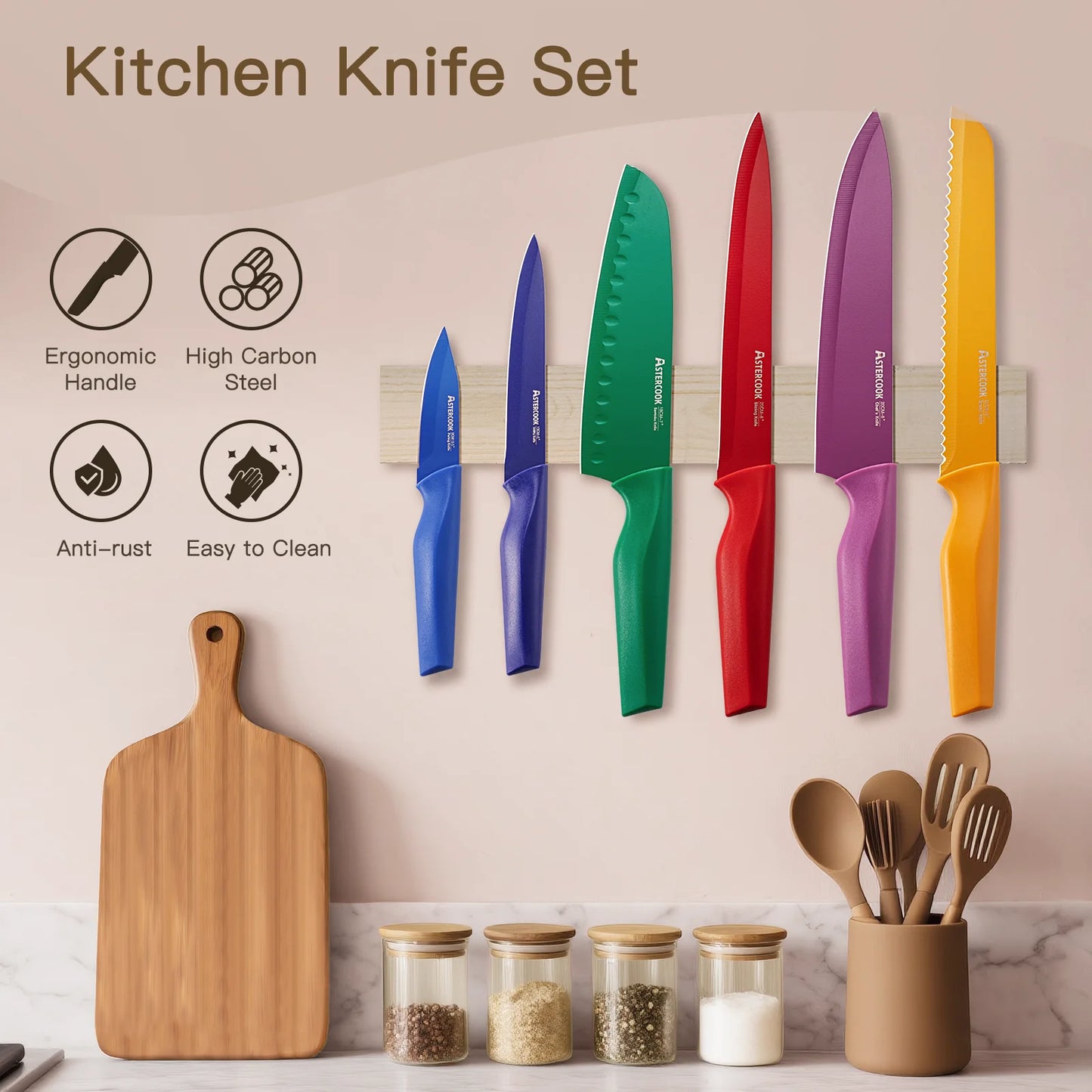 6 Piece Color-Coded Kitchen Knife Set, Stainless Steel Chef Knives with 6 Anti-Rust Coating Blades and Blade Guards, Dishwasher Safe