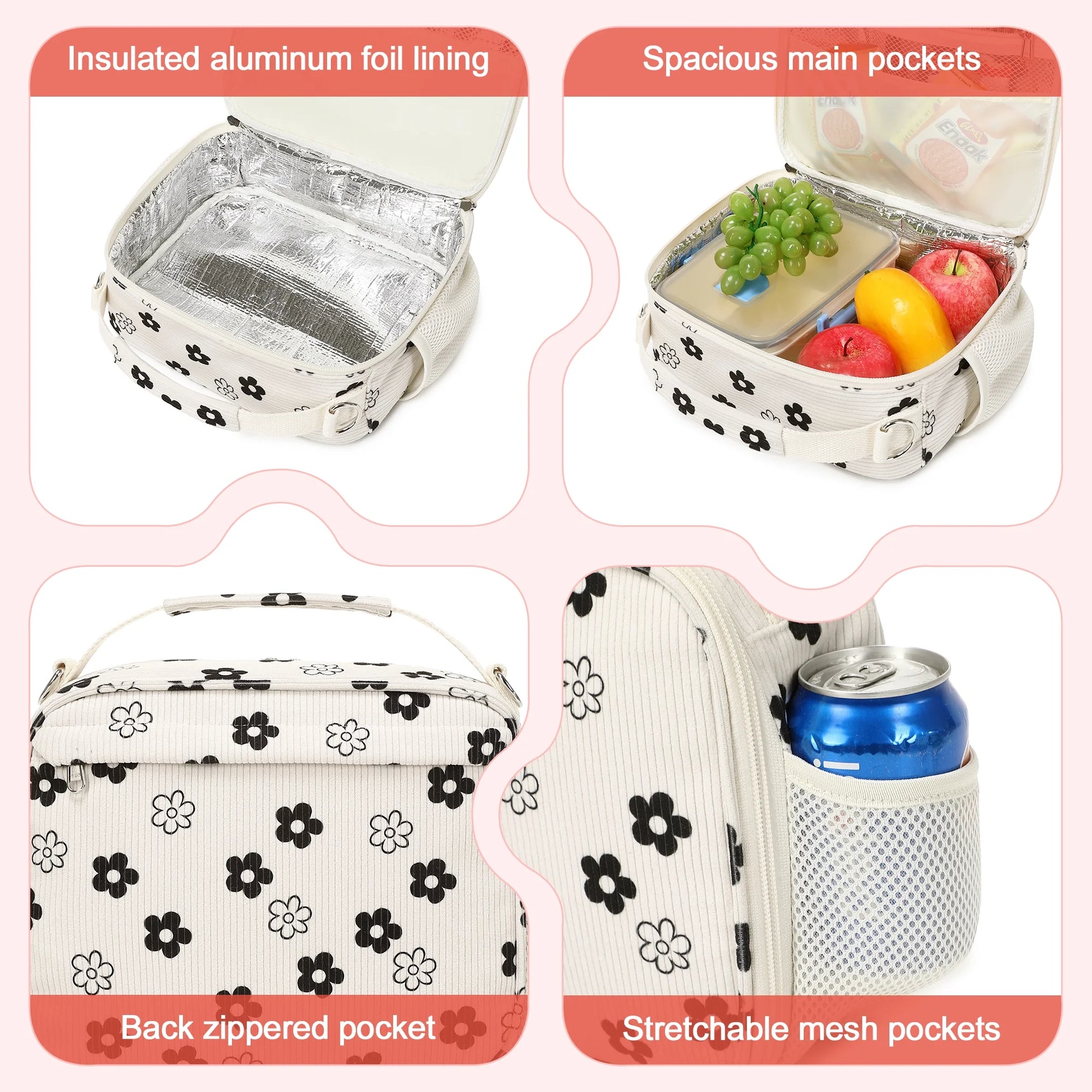 Black & White Floral Corduroy Lunch Bag - Handheld or Shoulder Carry Insulated Lunch Box