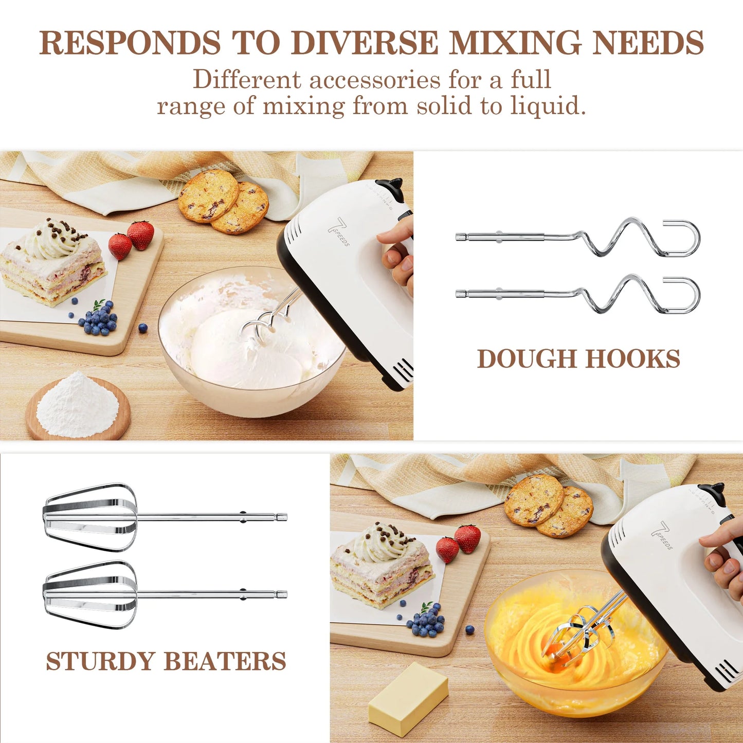 7-Speed Electric Hand Mixer with Stainless Steel Beaters and Dough Hooks, Turbo Boost Function for Baking Cakes, Eggs, and Cream