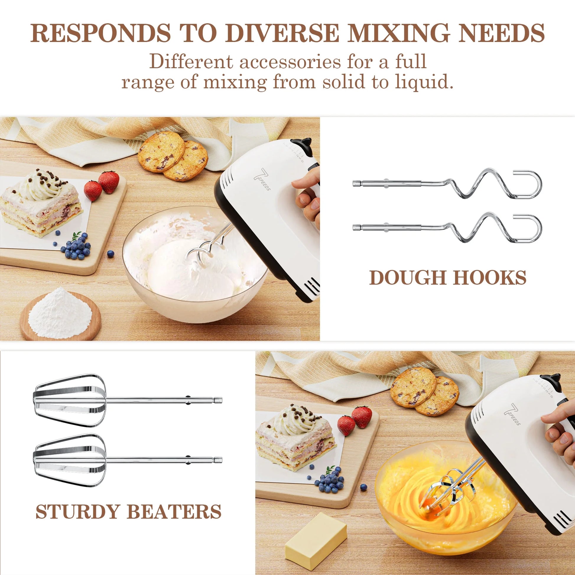 7-Speed Electric Hand Mixer with Stainless Steel Beaters and Dough Hooks, Turbo Boost Function for Baking Cakes, Eggs, and Cream