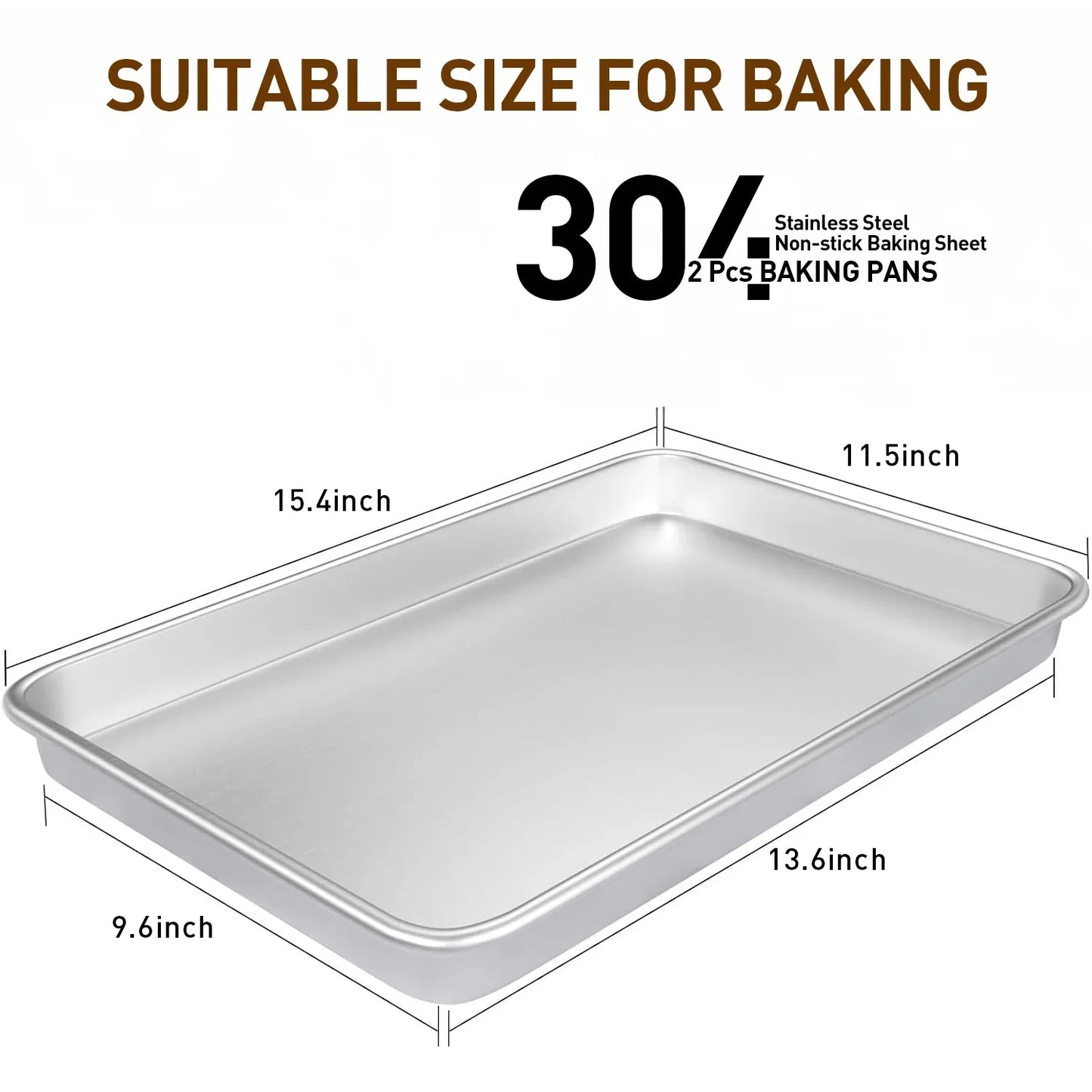 2 Piece Baking Cookie Sheet Set,15" X 11" Stainless Steel Food Baking Tray,Non Stick Rectangle Metal Flat Bakeware Dishwasher Safe