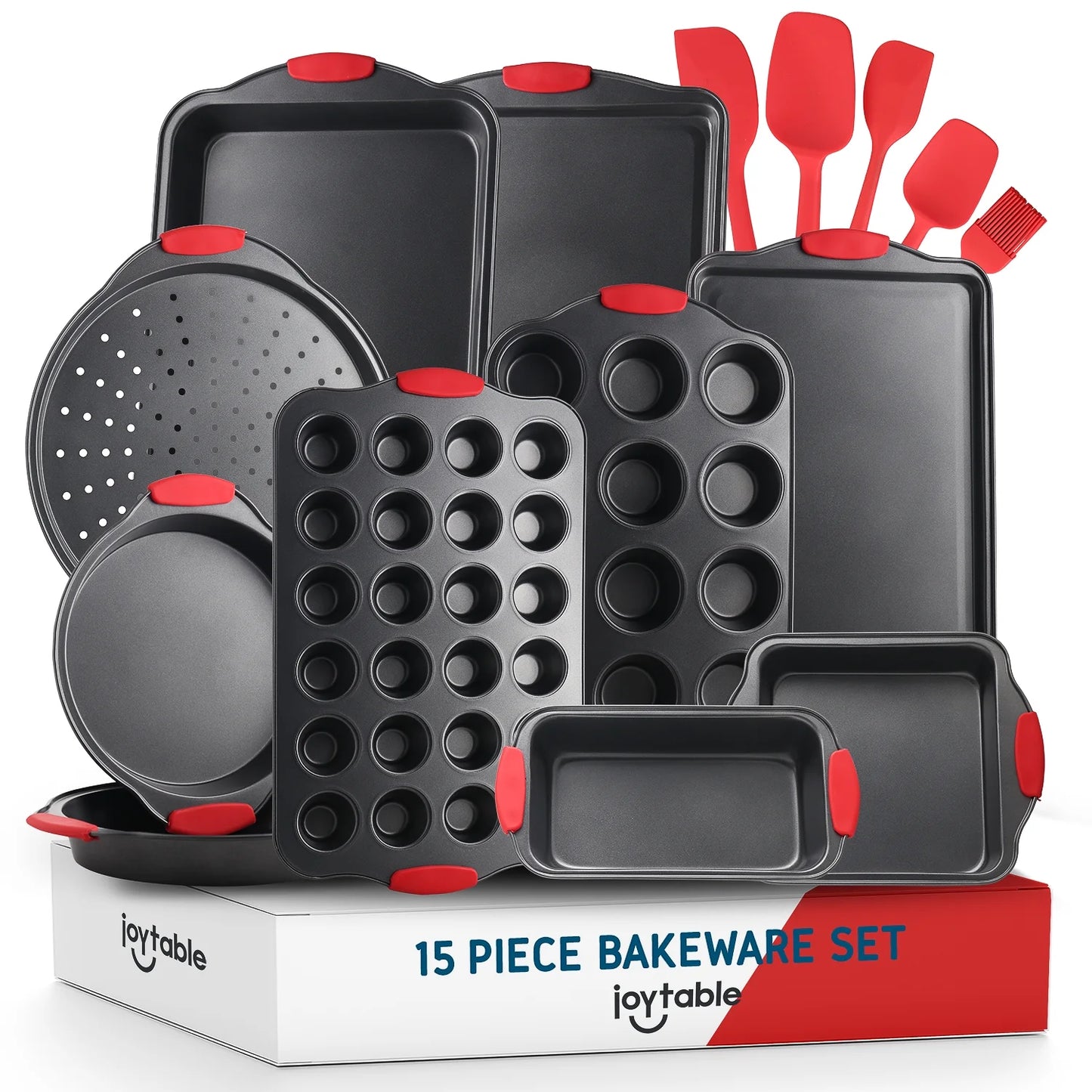 Nonstick Carbon Steel Bakeware Set, 39Pc Black Baking Pan Set with Silicone Handles & Red Cooking Utensil Set