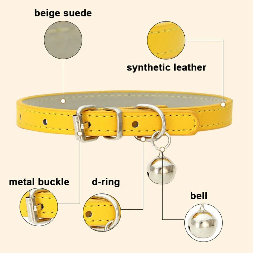 Adjustable PU Leather Cat and Dog Collar with Bell for Extra Small to Medium Pets
