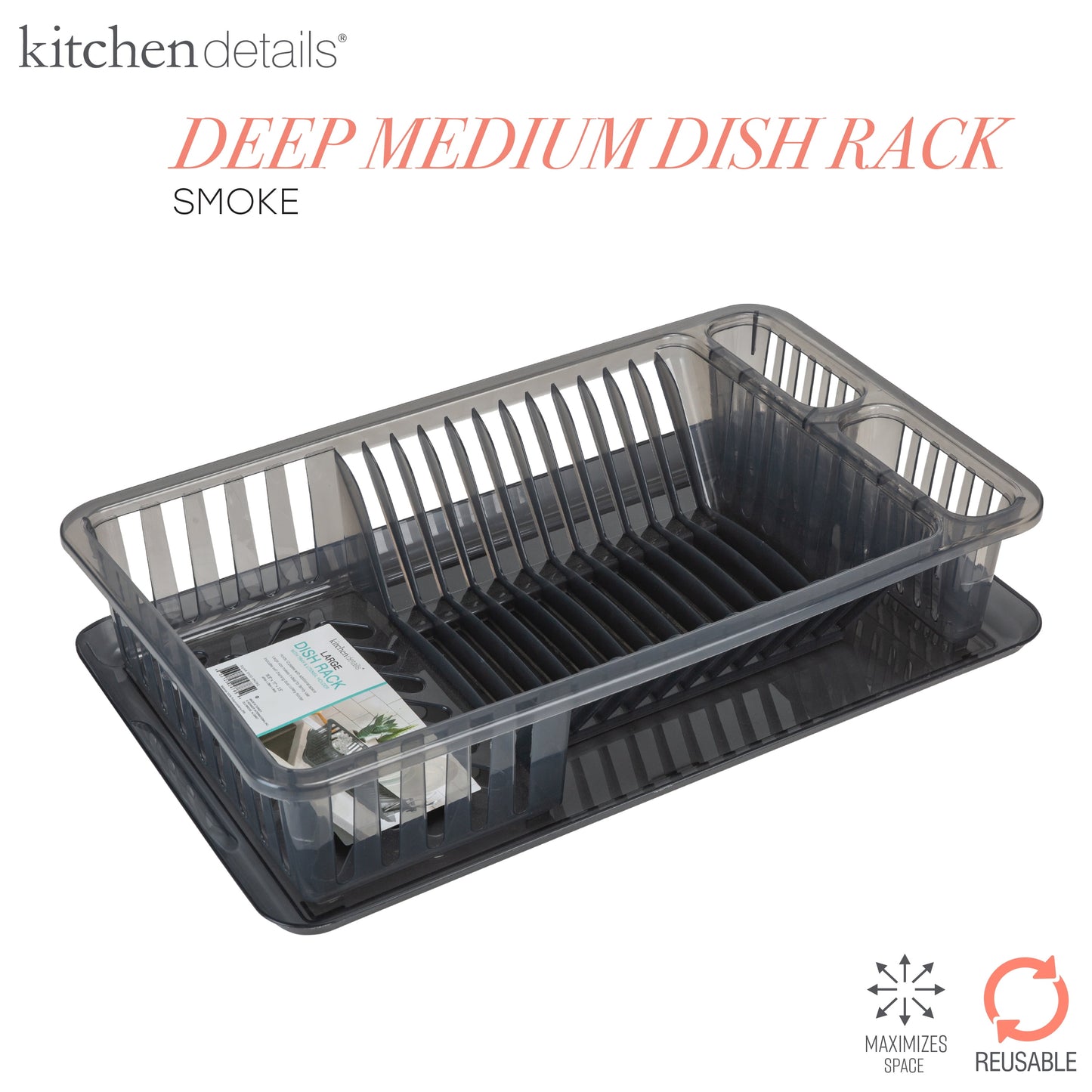 Medium Dish Rack with Tray in Smoke Grey 18.11 in X 11.02 In