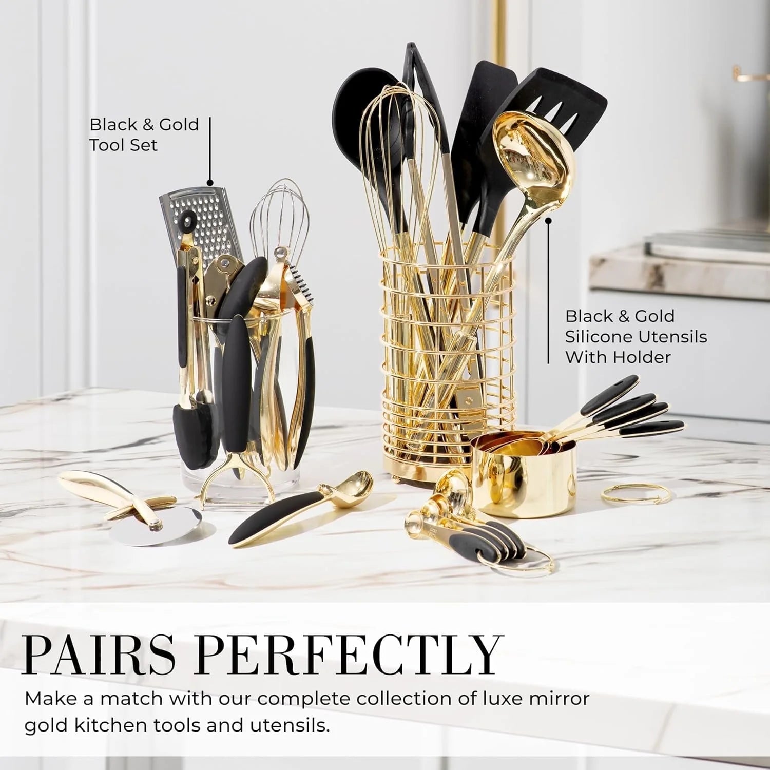 Black and Gold Measuring Cups and Spoons Set – 8-Piece Stainless Steel Kitchen Set for Precise Cooking and Baking