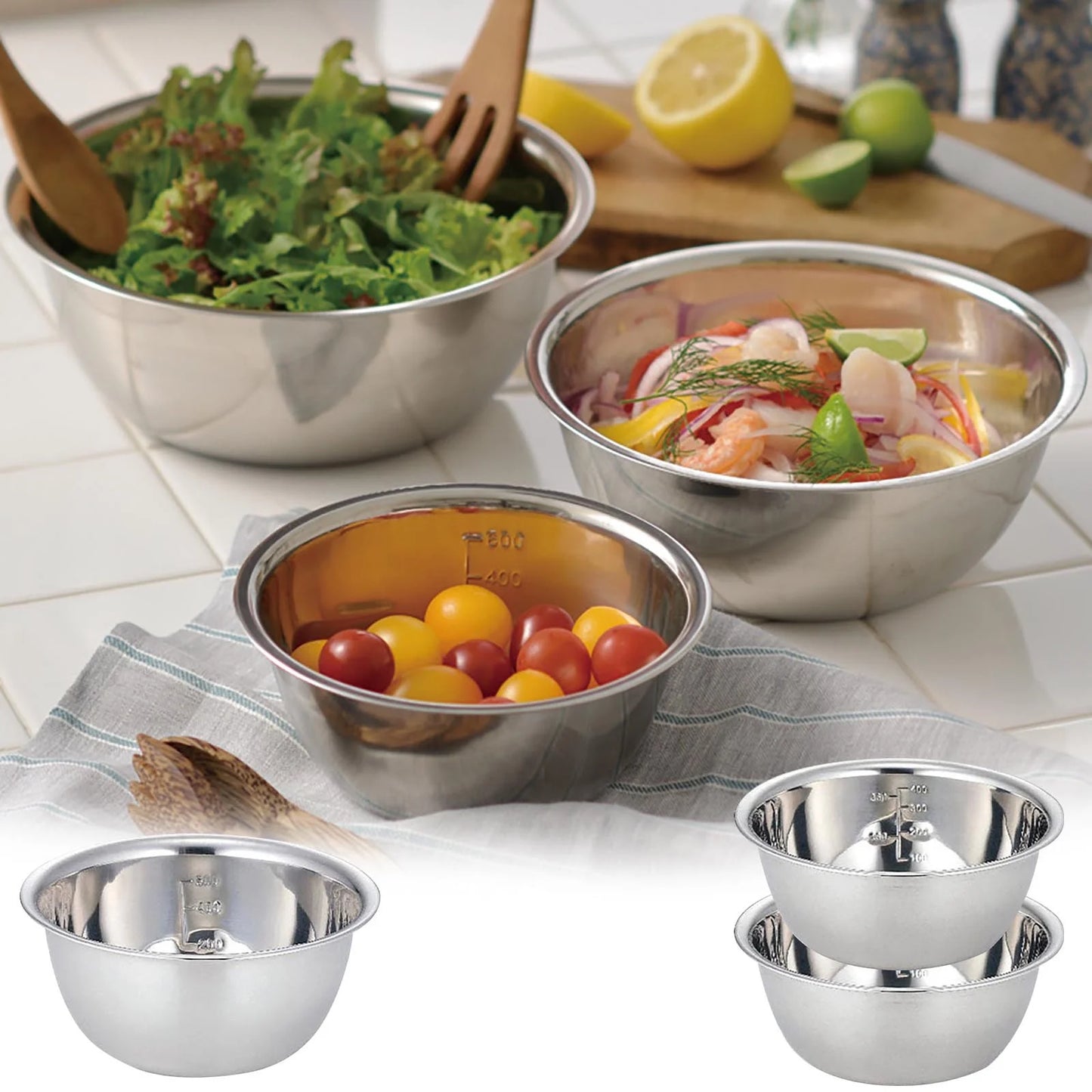 Mixing Bowls 3 Piece Stainless Steel Nesting Bowls Set for Baking & Prepping 5-In-1 Multifunction Large Stainless Steel Mixing Bowl Set, BPA Free, Dishwasher Safe|Kitchen Cooking Baking Supplies