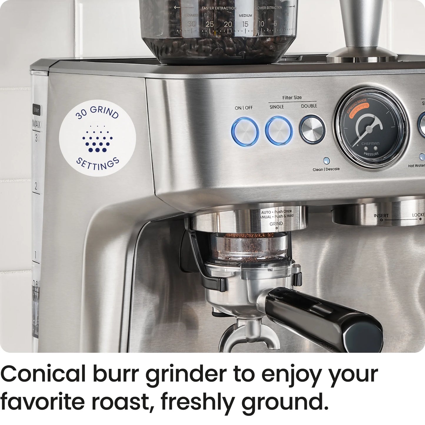 Crema Supreme Espresso Machine with Conical Burr Grinder and Steam Wand – Stainless Steel, New