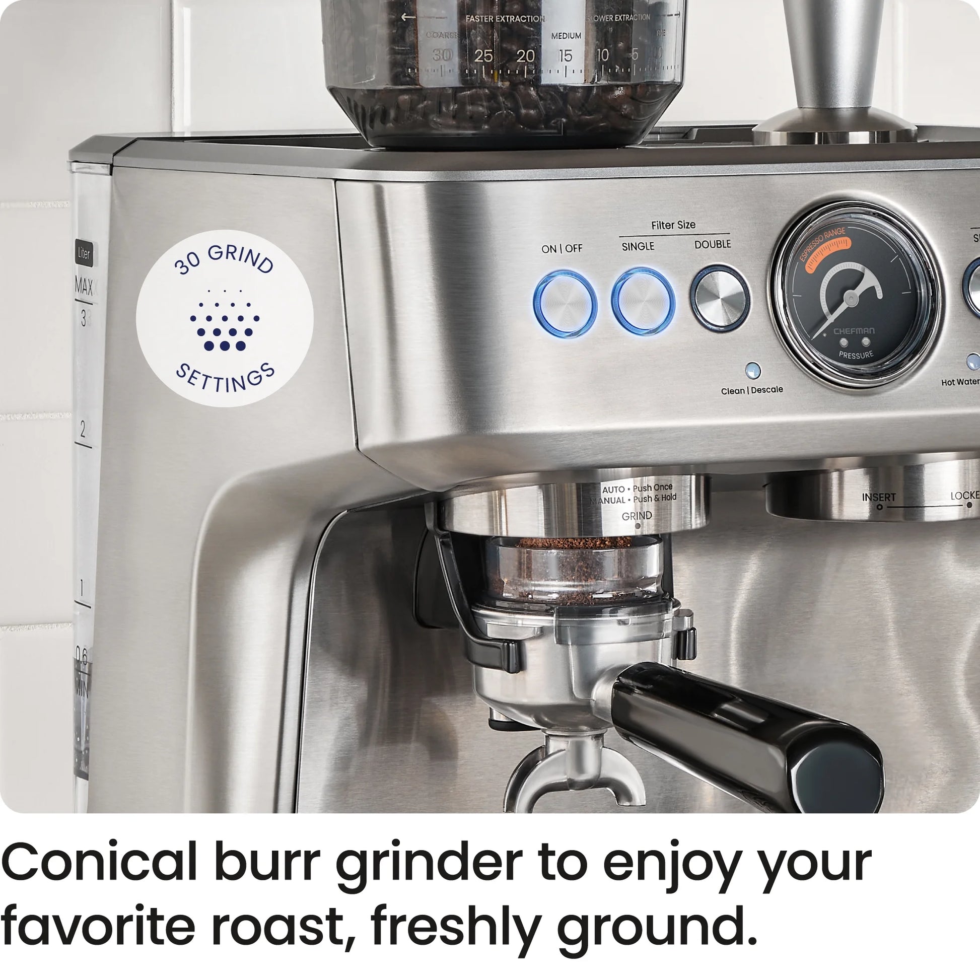 Crema Supreme Espresso Machine with Conical Burr Grinder and Steam Wand – Stainless Steel, New