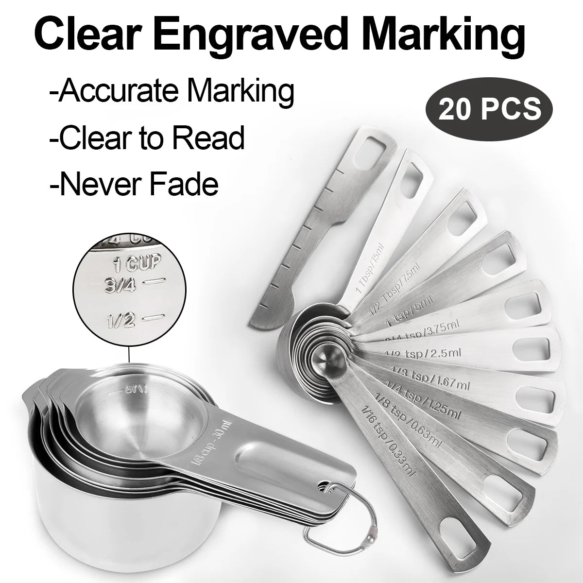 20 Pieces 18/8 Stainless Steel Measuring Cups & Spoons Set, Cups and Spoons,Kitchen Gadgets for Cooking & Baking