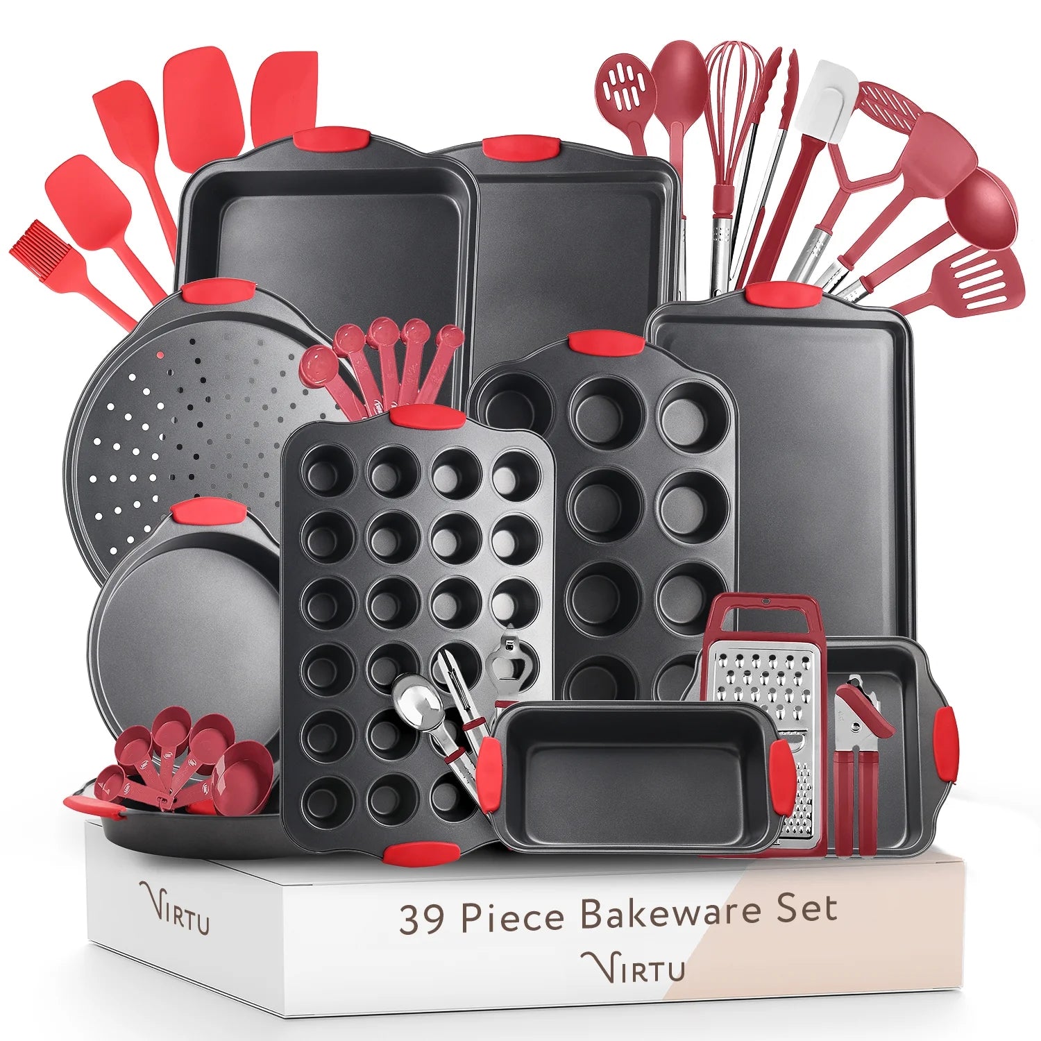 Nonstick Carbon Steel Bakeware Set, 39Pc Black Baking Pan Set with Silicone Handles & Red Cooking Utensil Set