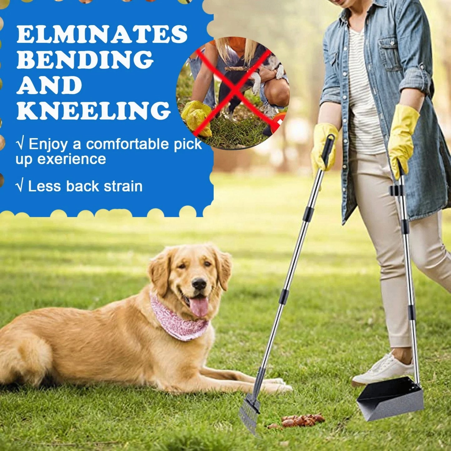 38-Inch Long Handle Poop Scooper -  2-Piece Metal Waste Collection Set with Rake and Tray for Effortless Yard Cleanup