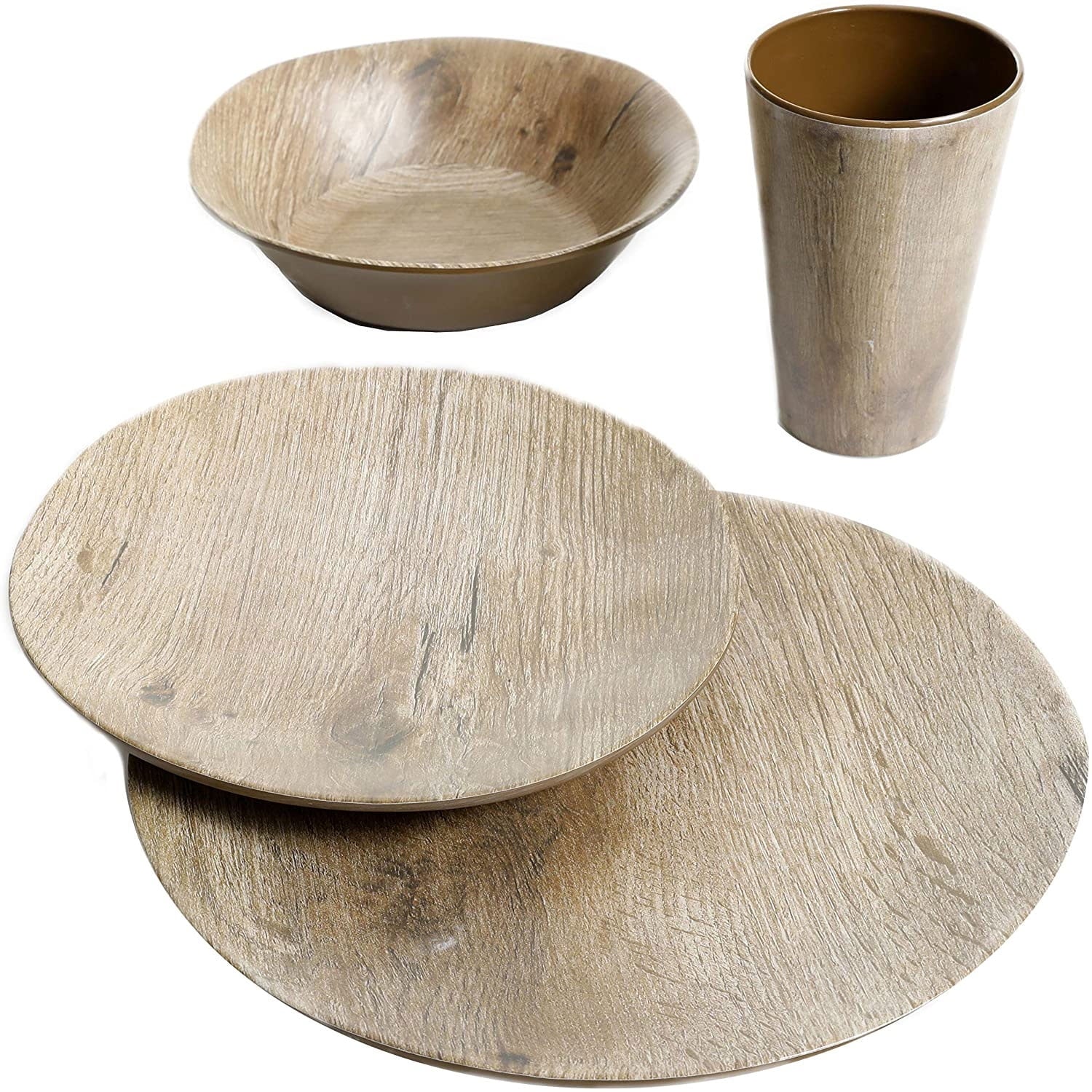 Home Woodlands 16 Piece round Melamine Plate, Bowl, & Cup Dinnerware Set