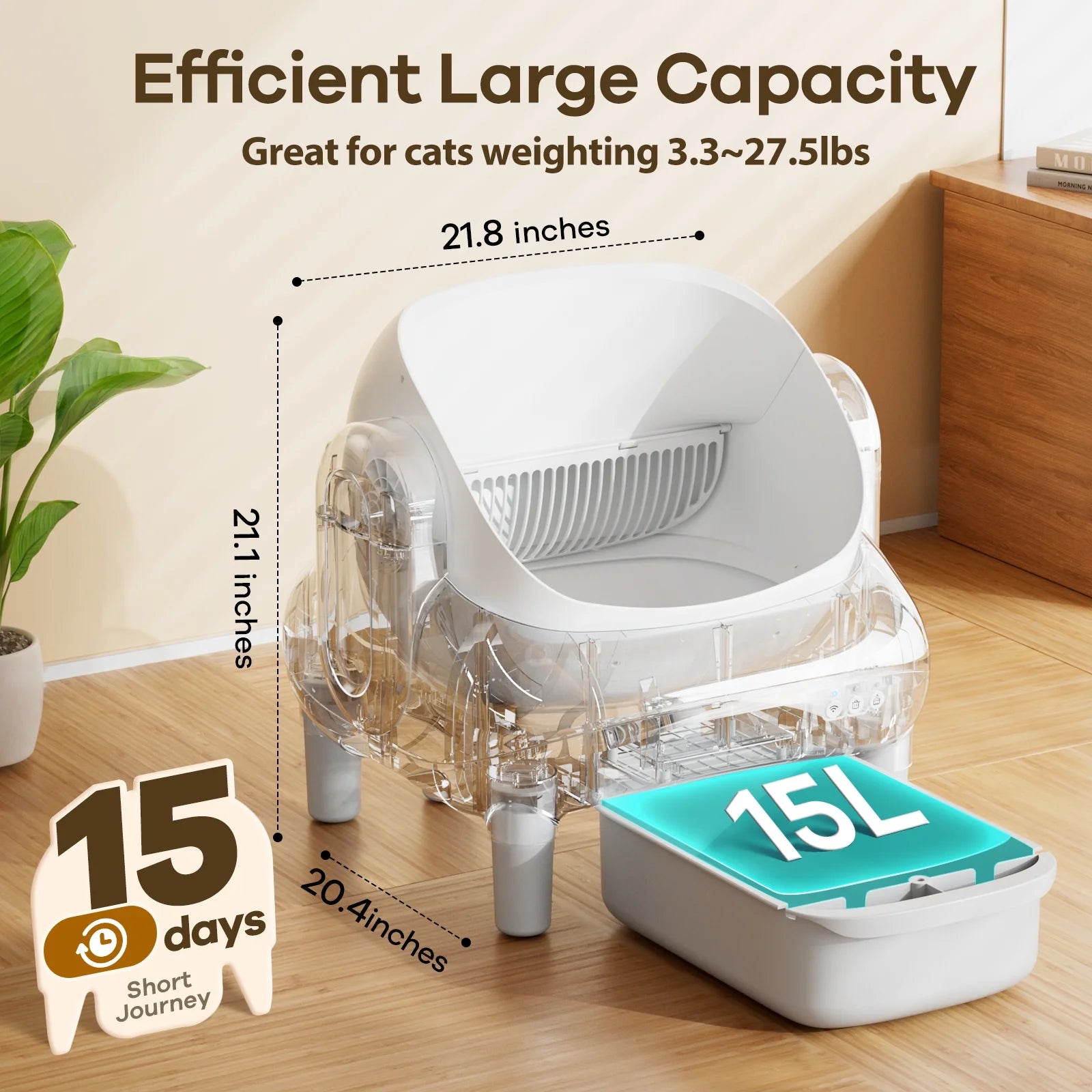 Automatic Self-Cleaning Litter Box with App Control for Multiple Cats, Open Top Design, Safety Sensors, Odor Control, Includes 2 Roll Liners and Large Waste Bin