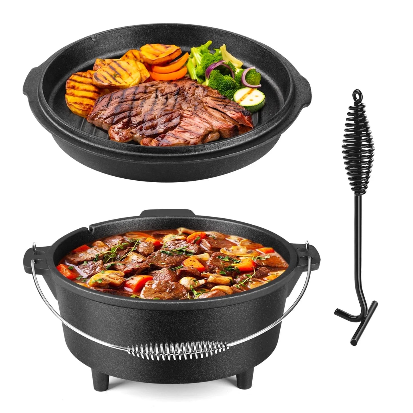 5 QT Cast Iron Dutch Oven, 2 in 1 Pre-Seasoned Camping Pot with Reversible Lid and Lid Lifter Handle, Multifunctional Cookware Pot for Camping Cooking BBQ Baking