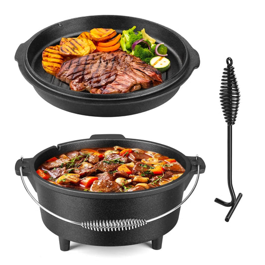 5 QT Cast Iron Dutch Oven, 2 in 1 Pre-Seasoned Camping Pot with Reversible Lid and Lid Lifter Handle, Multifunctional Cookware Pot for Camping Cooking BBQ Baking