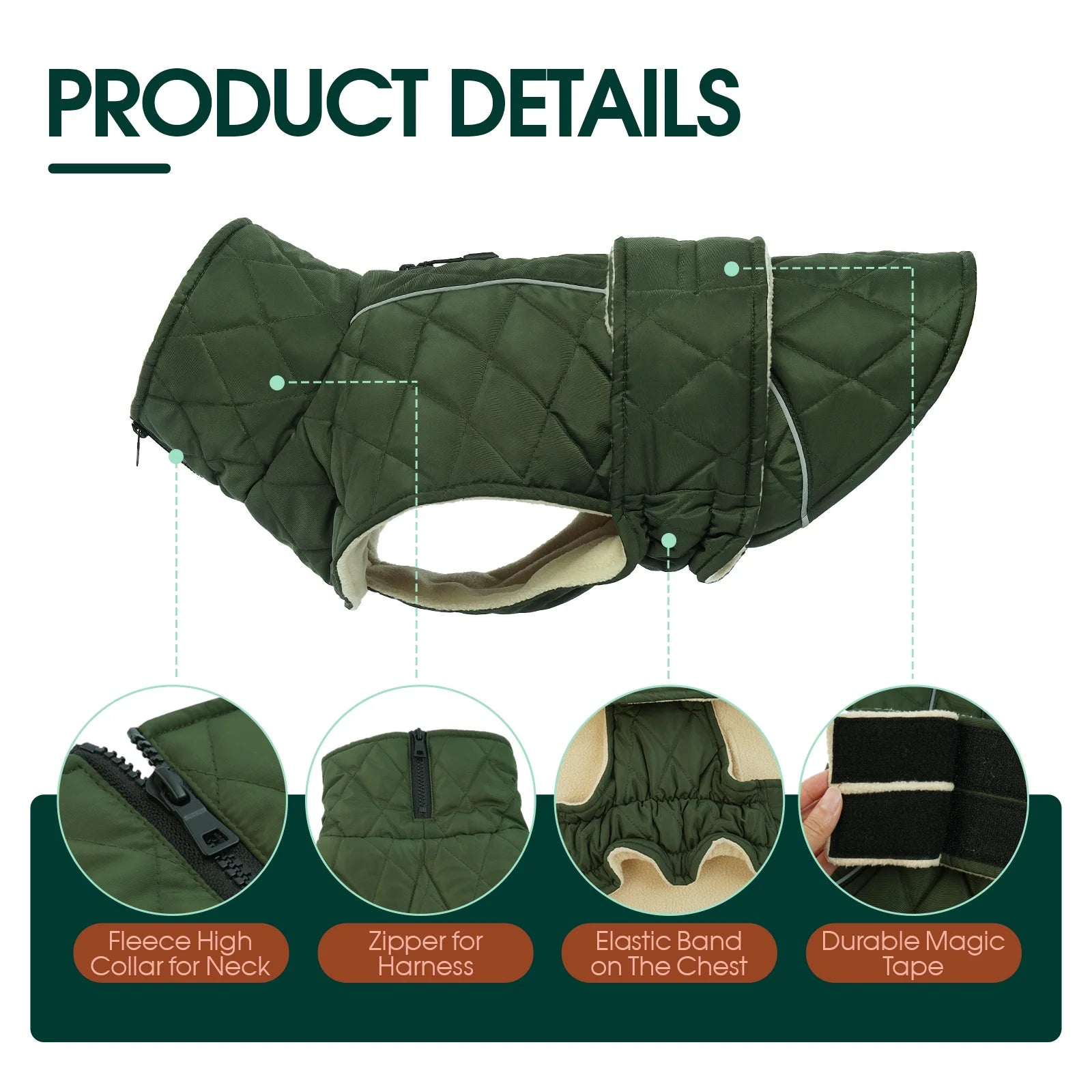 Winter Dog Coat - Warm Jacket for Small, Medium, and Large Dogs in Green, Size M