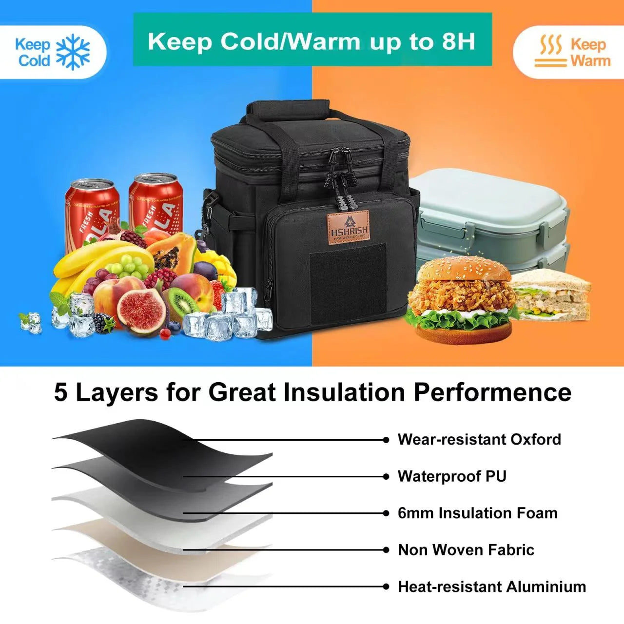 Tactical Lunch Bags, Large Expandable Insulated Lunch Box, Durable Waterproof Leakproof Cooler Bag for Adults/Men/Women/Work Outdoor Beach Trips, 20 Cans/15 L, Black