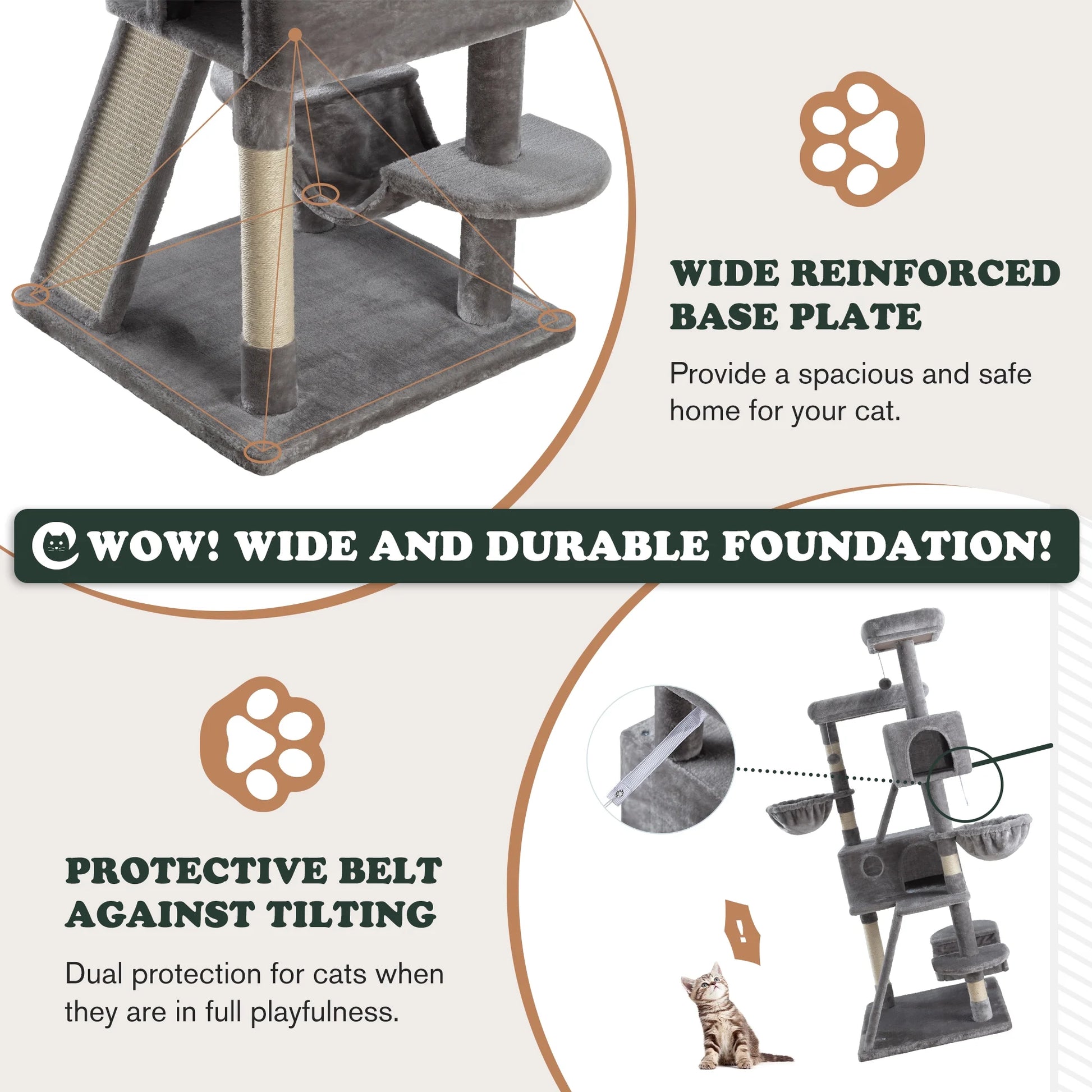 65.7" Large Cat Tree and Tower Condo for Indoor Cats with Dual Scratching Boards, Hammock, and Post in Gray