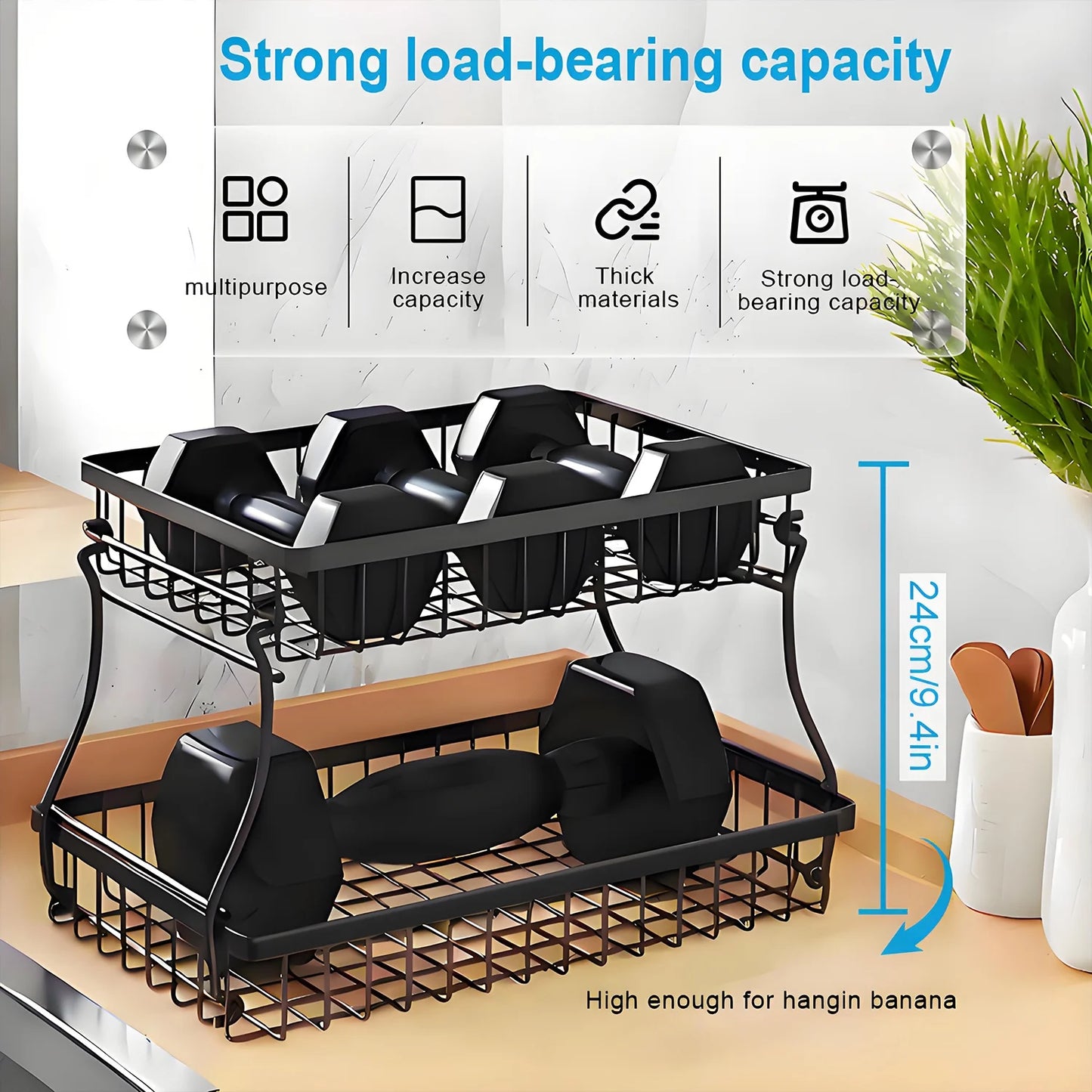 2-Tier Countertop Fruit Basket - Black Metal Organizer W/4 Banana Hooks & Knife Holder, 10X3X16In for Kitchen/Dining Room