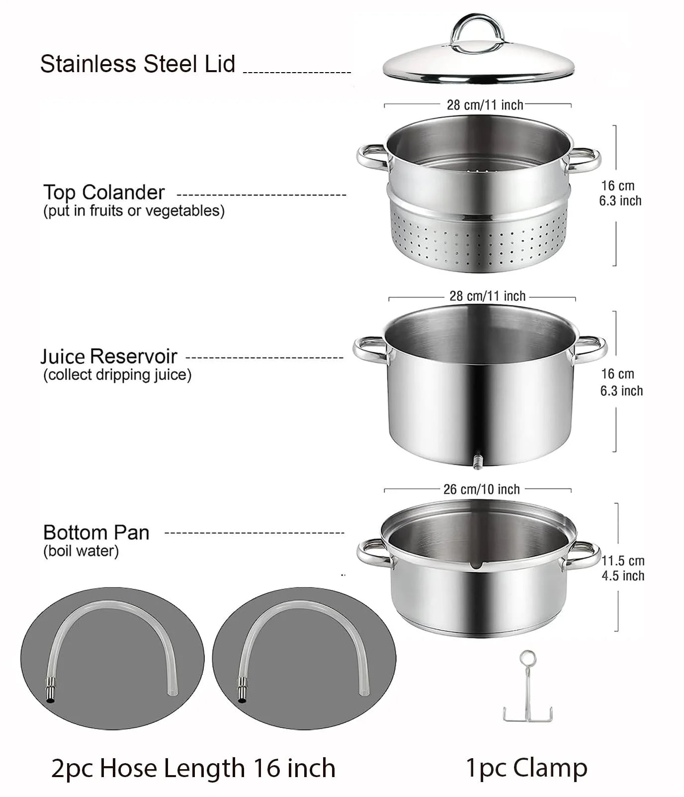 Basics Canning Juice Steamer Extractor Pot 11-Quart, Stainless Steel Multi-Purpose Jelly Steaming Cooking Pot, with Strainer/Loading Pan, Lid, 2 Hoses with Clamp, Mirror Satin